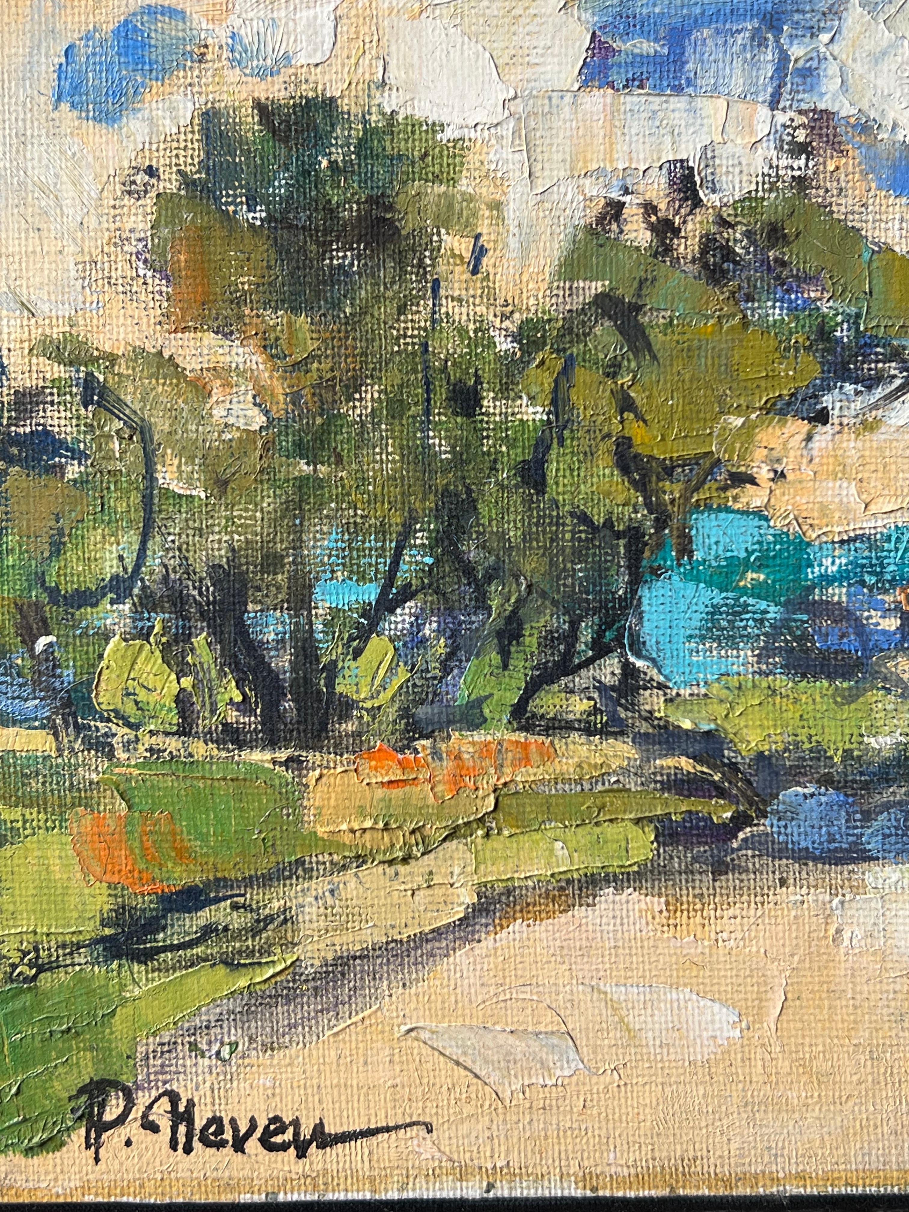 Petit paysage avec arbres et eau bleue sous une lumière chaude Peinture à l'huile française
Artistics : Pierre Neveu (français né en 1929)
signé En bas à gauche
Médium : huile sur toile, non encadrée
Toile : 6 x 7.5 pouces
Inscrit au verso
Condit :