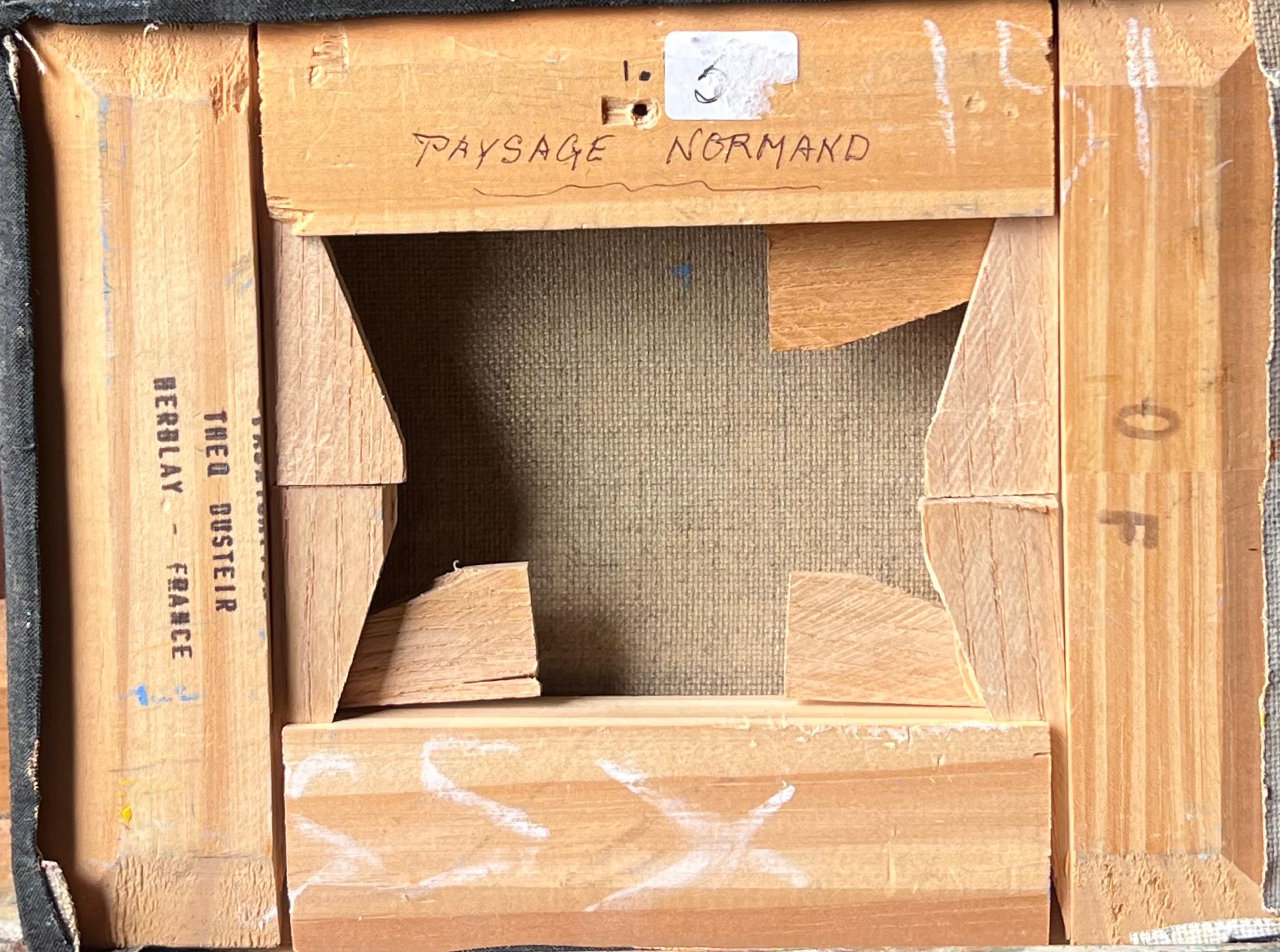 Petit paysage avec arbres et eau bleue sous une lumière chaude Peinture à l'huile française en vente 2