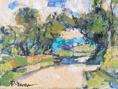 Small Landscape With Trees And Blue Water Beneath Warm Light French Oil Painting