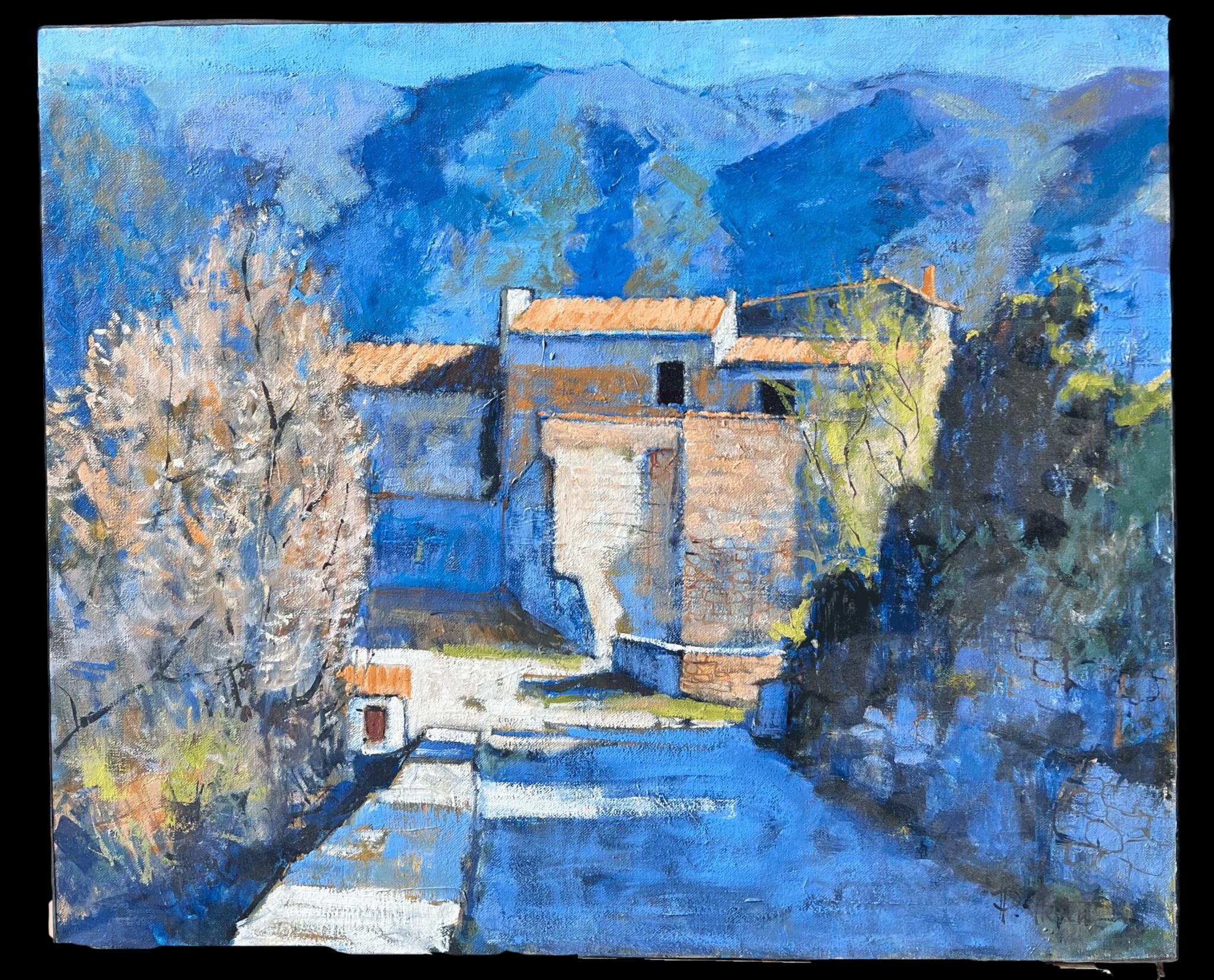 St Martin De Castillon Sunny Mountain Village Way Old Houses Französisches Ölgemälde – Painting von Pierre Neveu