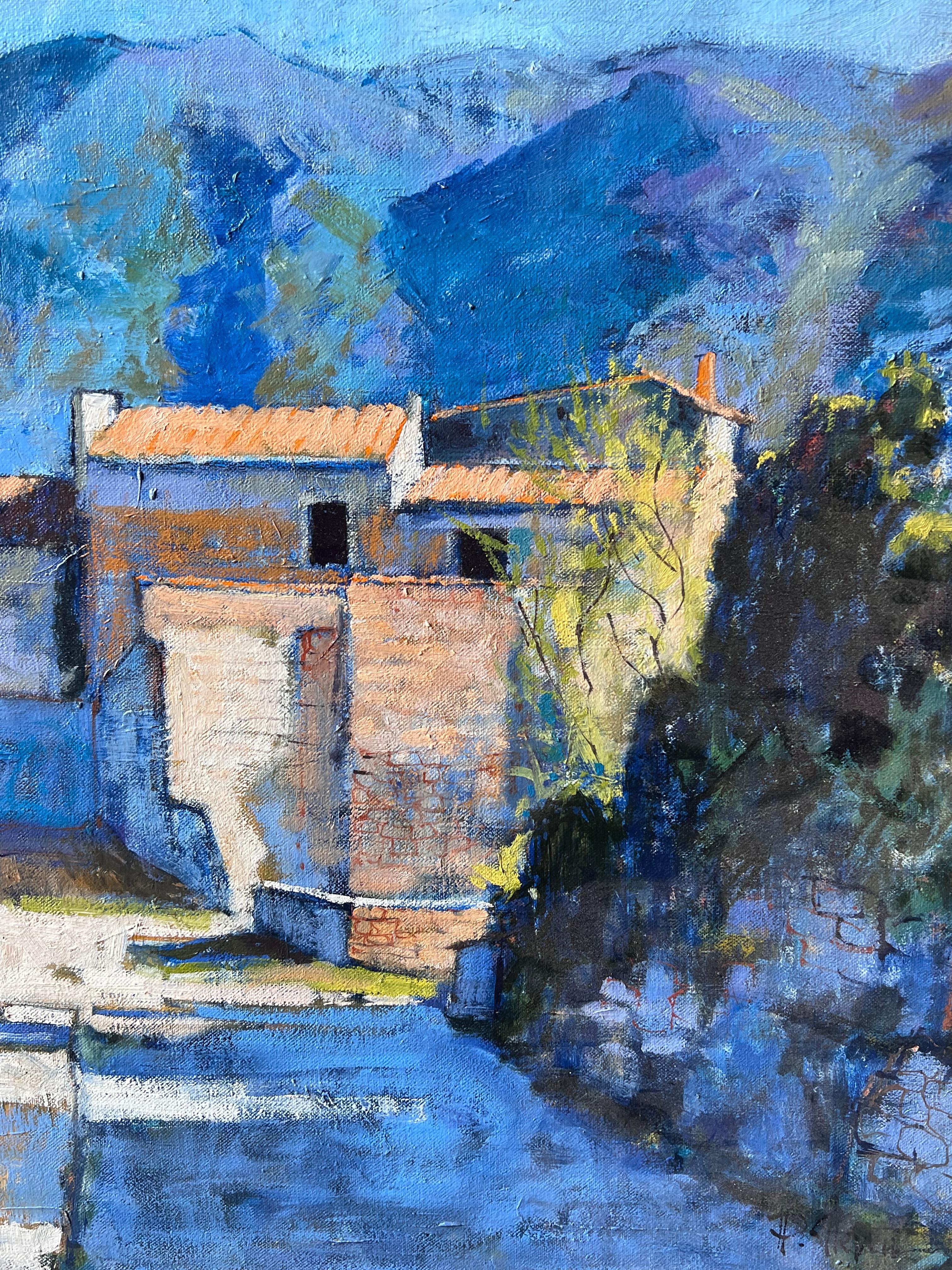 St Martin De Castillon Sunny Mountain Village Way Old Houses Französisches Ölgemälde (Blau), Landscape Painting, von Pierre Neveu
