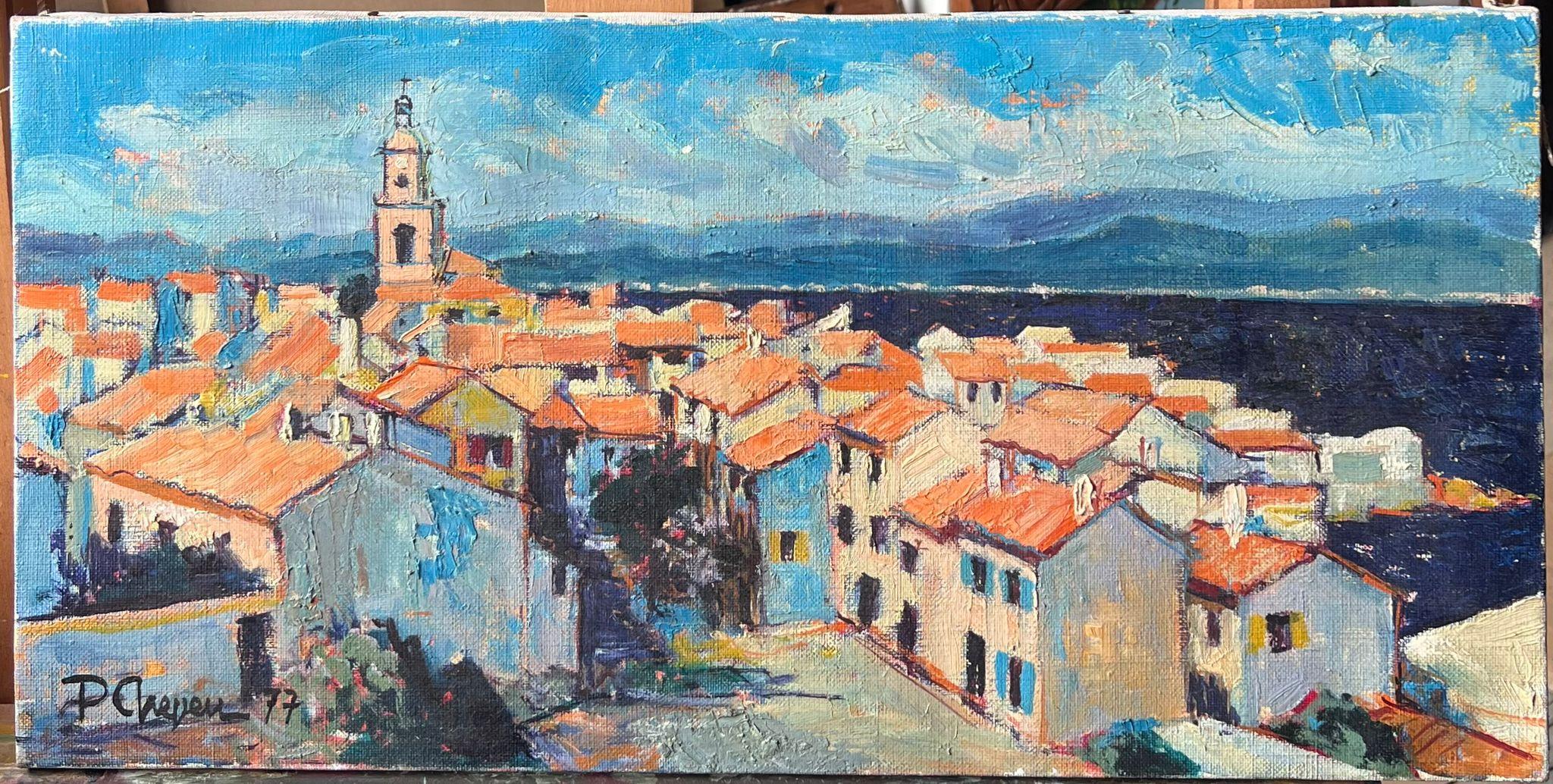 St. Tropez Skyline Dächer & Häuser 1970er Jahre Französisch Post Impression Ölgemälde – Painting von Pierre Neveu
