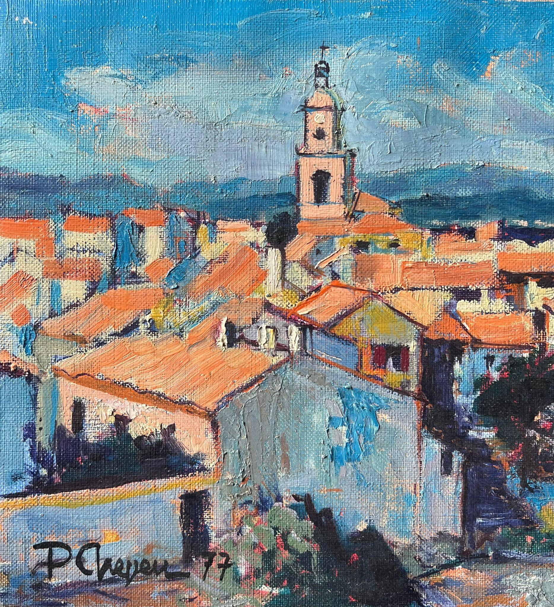 St. Tropez Skyline Dächer & Häuser 1970er Jahre Französisch Post Impression Ölgemälde (Post-Impressionismus), Painting, von Pierre Neveu