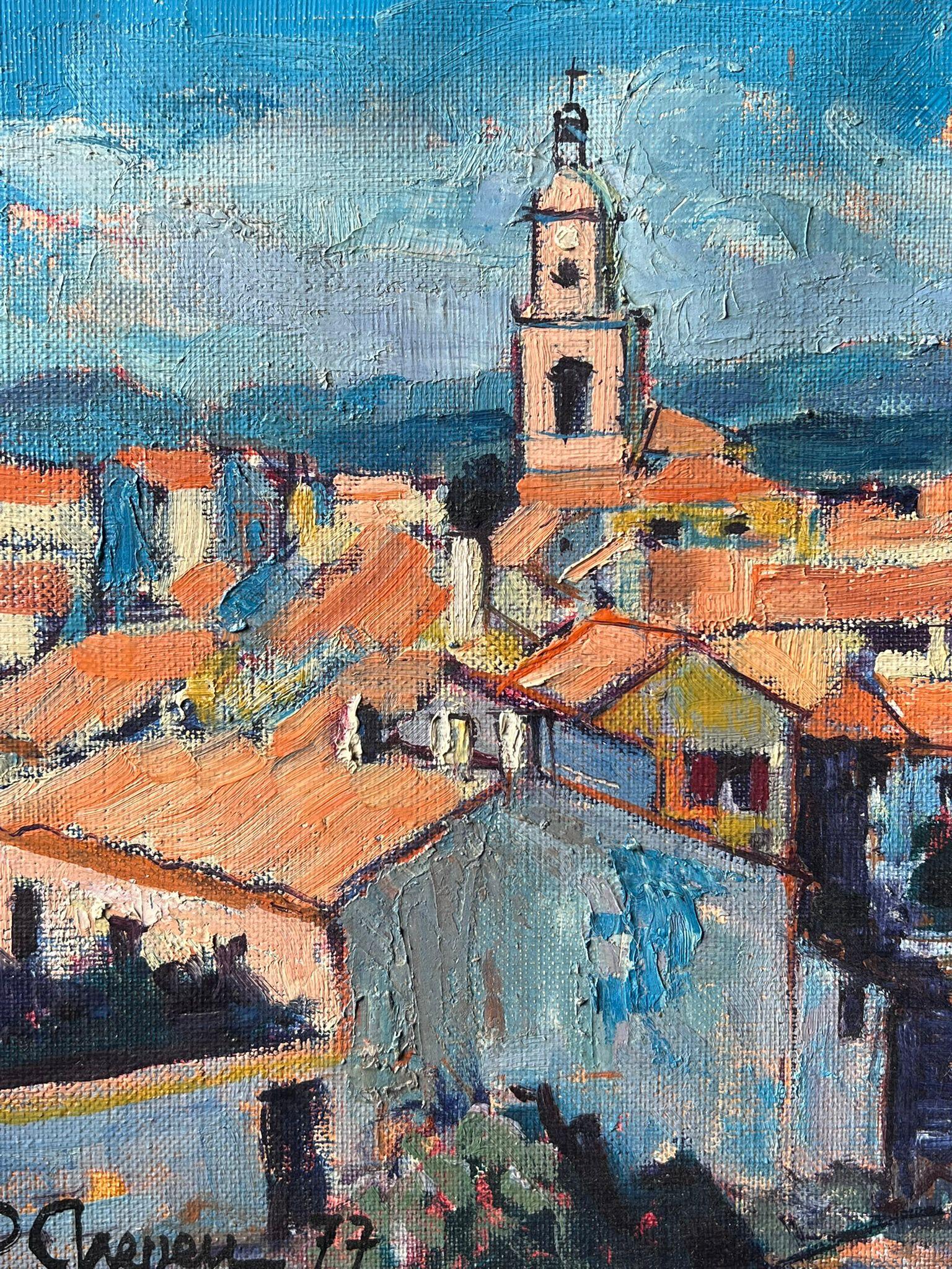 St. Tropez Skyline Dächer & Häuser 1970er Jahre Französisch Post Impression Ölgemälde (Grau), Landscape Painting, von Pierre Neveu