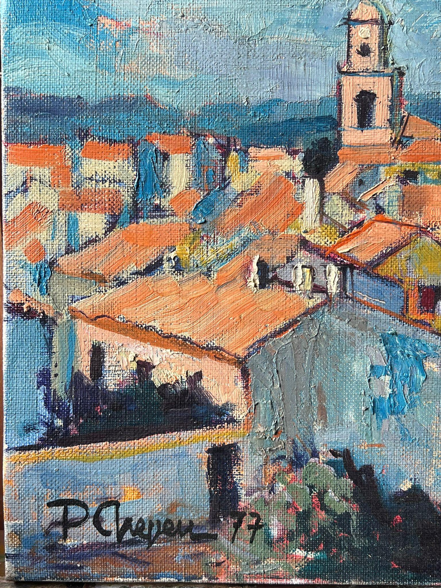 St. Tropez Skyline Dächer & Häuser 1970er Jahre Französisch Post Impression Ölgemälde im Angebot 1