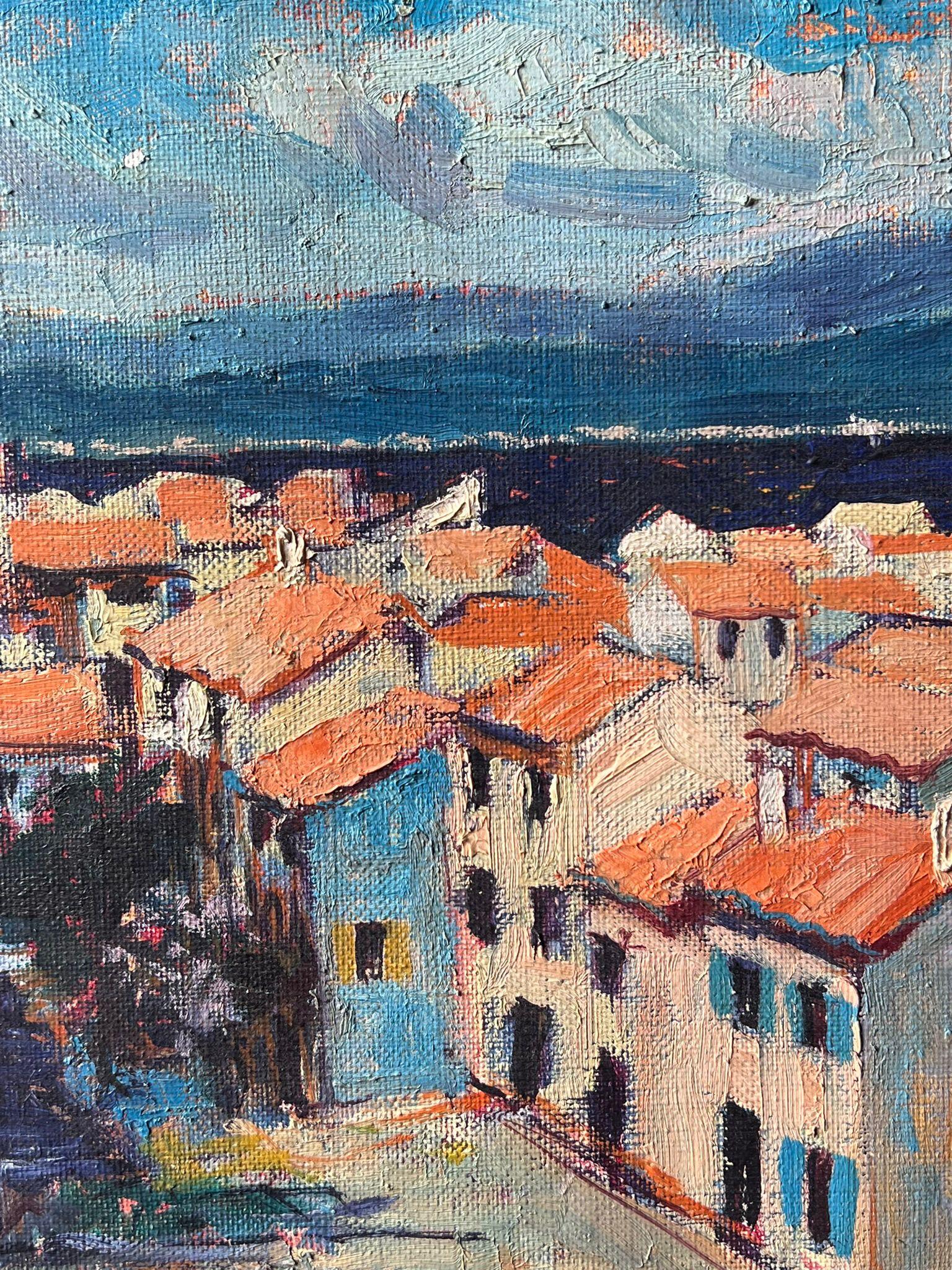 St. Tropez Skyline Dächer & Häuser 1970er Jahre Französisch Post Impression Ölgemälde im Angebot 3