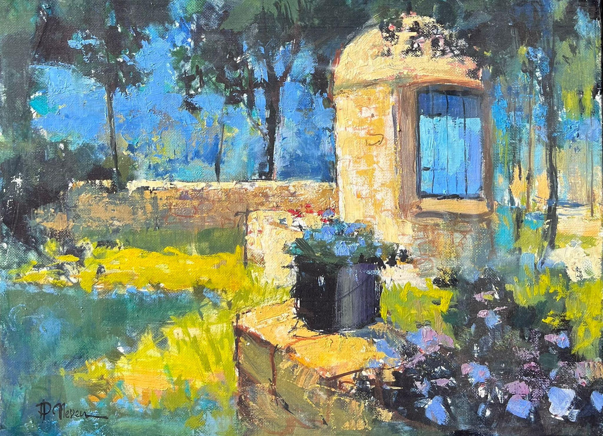 Sunlit Garden With Stone Well And Flowers Beside Shade Trees Französisches Ölgemälde – Painting von Pierre Neveu