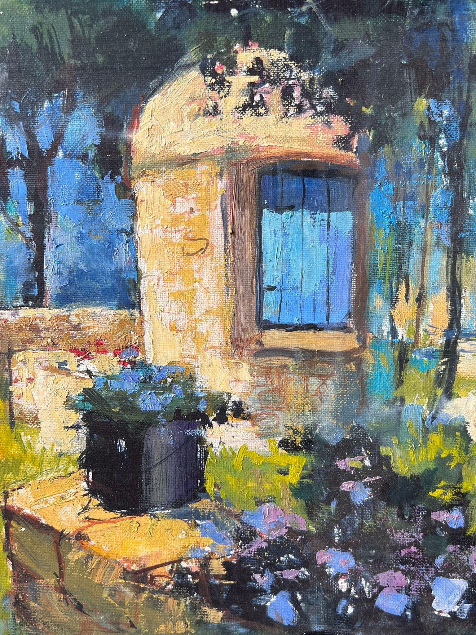 Sunlit Garden With Stone Well And Flowers Beside Shade Trees Französisches Ölgemälde (Post-Impressionismus), Painting, von Pierre Neveu