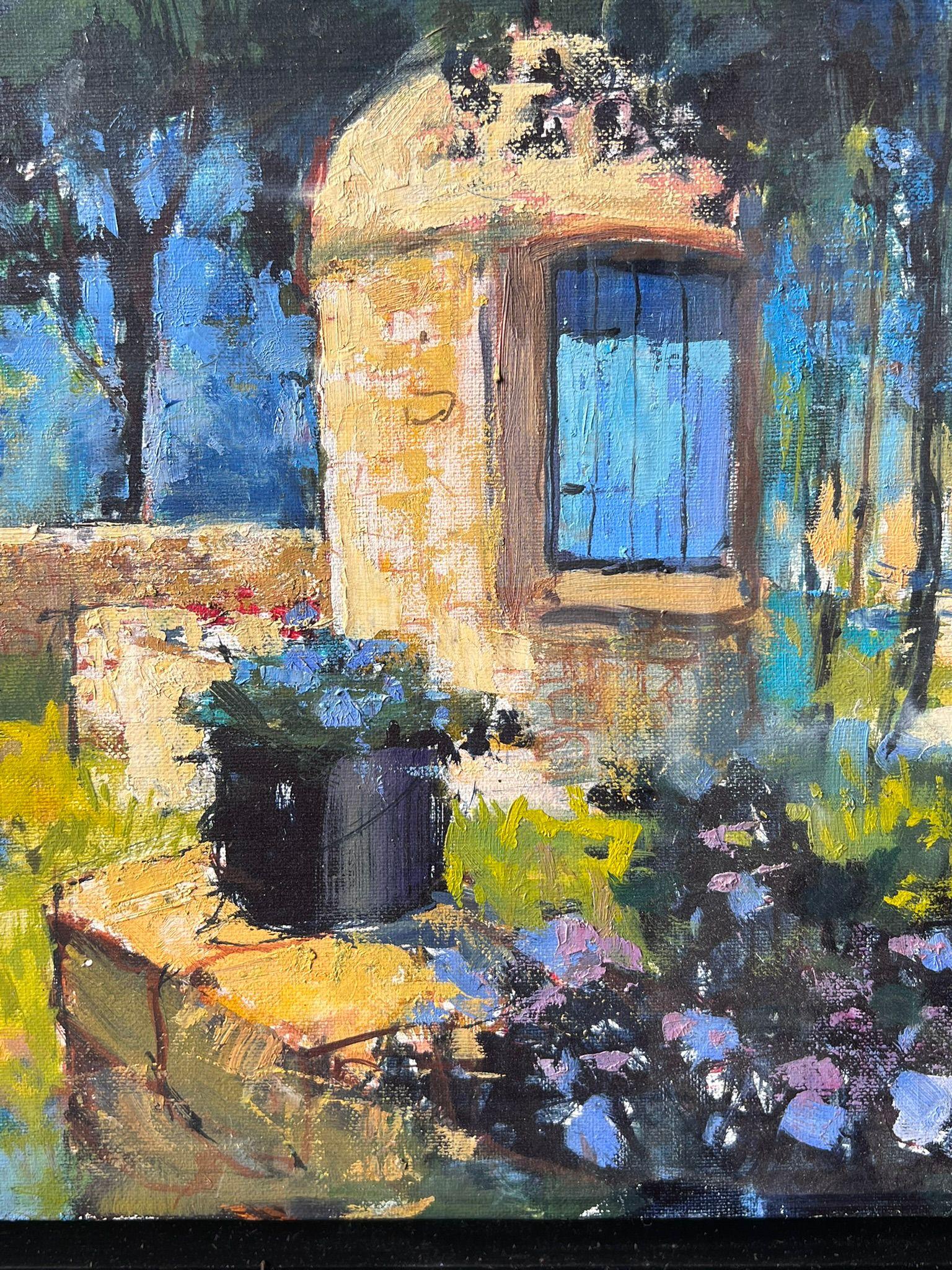 Sunlit Garden With Stone Well And Flowers Beside Shade Trees Französisches Ölgemälde (Schwarz), Landscape Painting, von Pierre Neveu