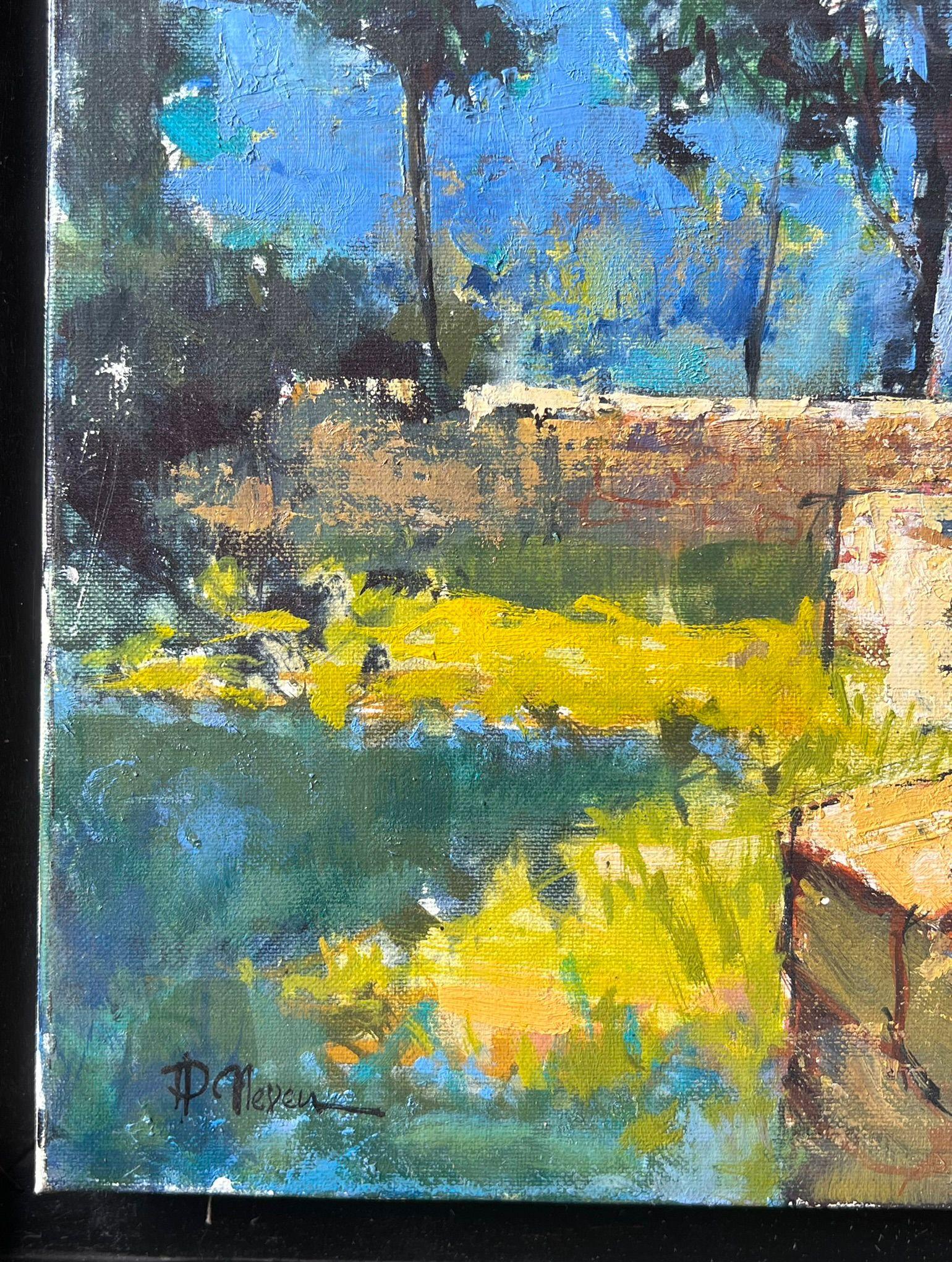 Sonnenbeschienener Garten
Künstler: Pierre Neveu (Franzose, geb. 1929)
signiert unten links 
Medium: Öl auf Leinwand, gerahmt
Gerahmt: 13 x 16,5 Zoll
Leinwand: 10,5 x 13,5 Zoll
verso beschriftet
Zustand: Guter und gesunder Zustand
Provenienz: Aus