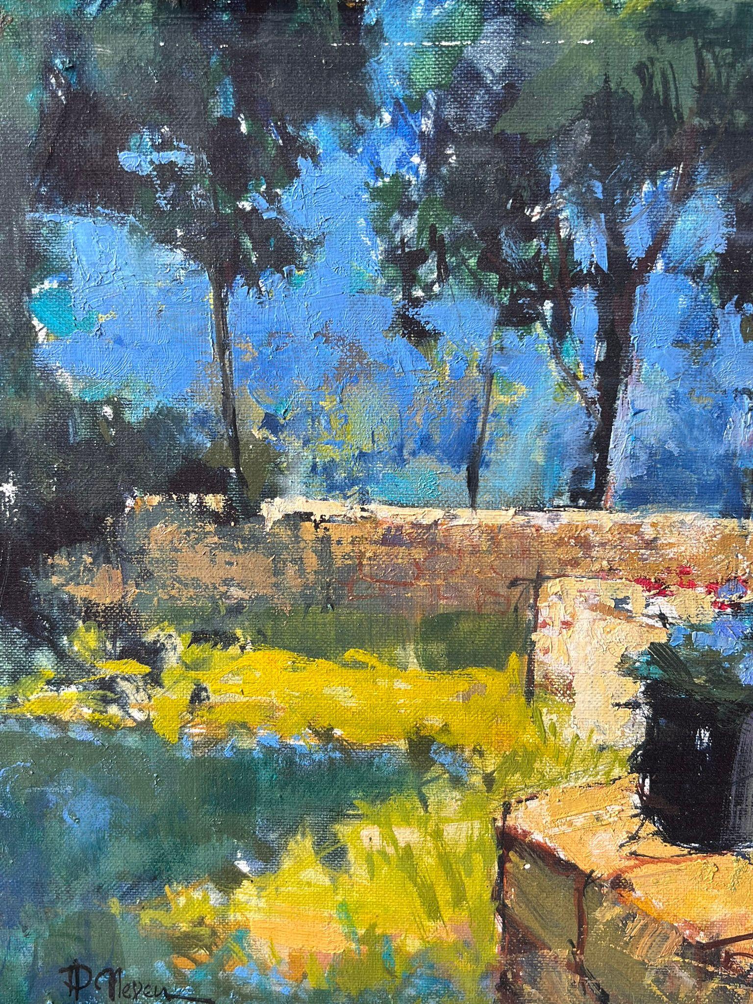 Sunlit Garden With Stone Well And Flowers Beside Shade Trees Französisches Ölgemälde im Angebot 1