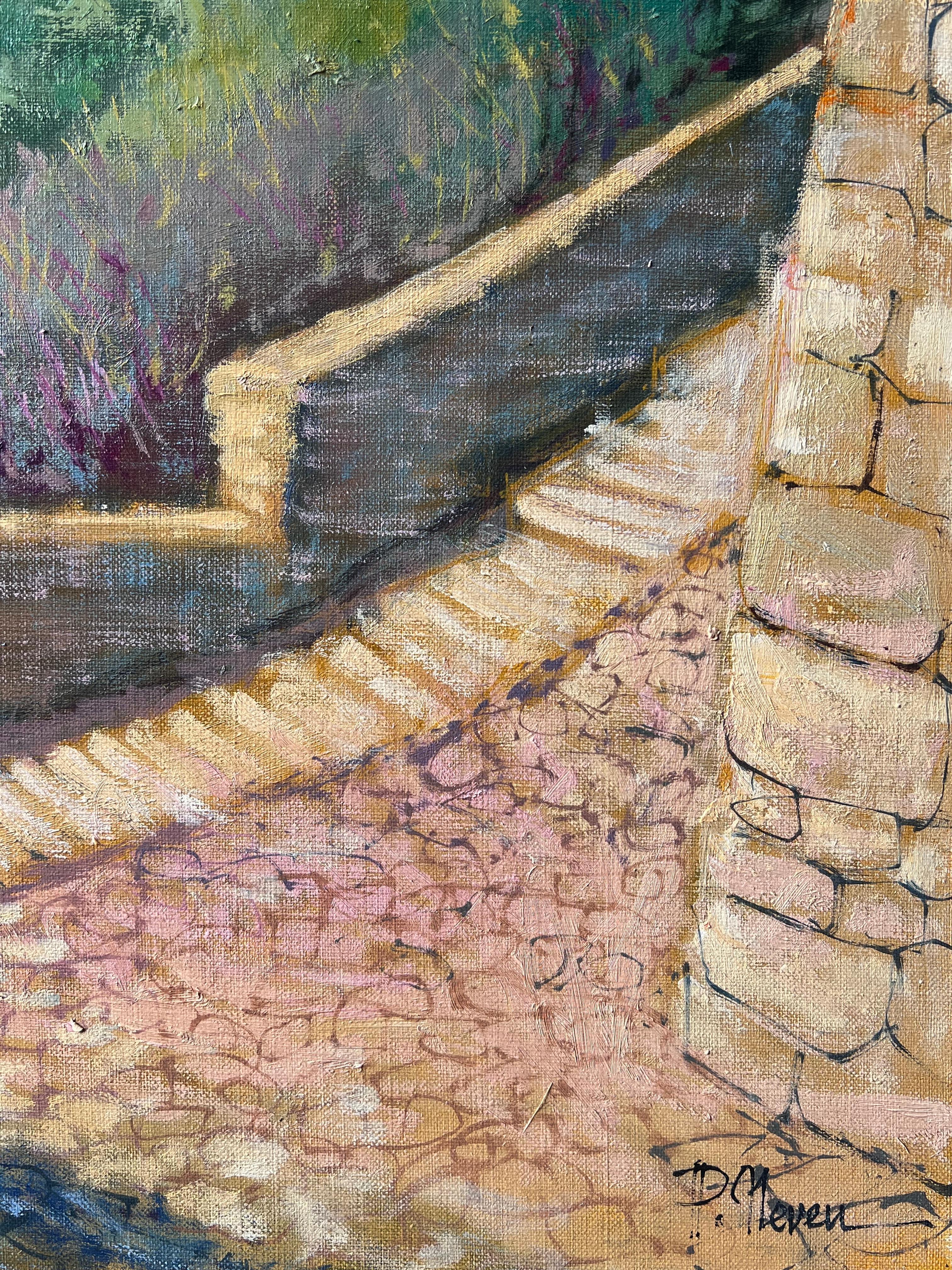 Village ensoleillé à flanc de colline avec chemin de pierre et maisons dorées Vue Peinture à l'huile française en vente 2