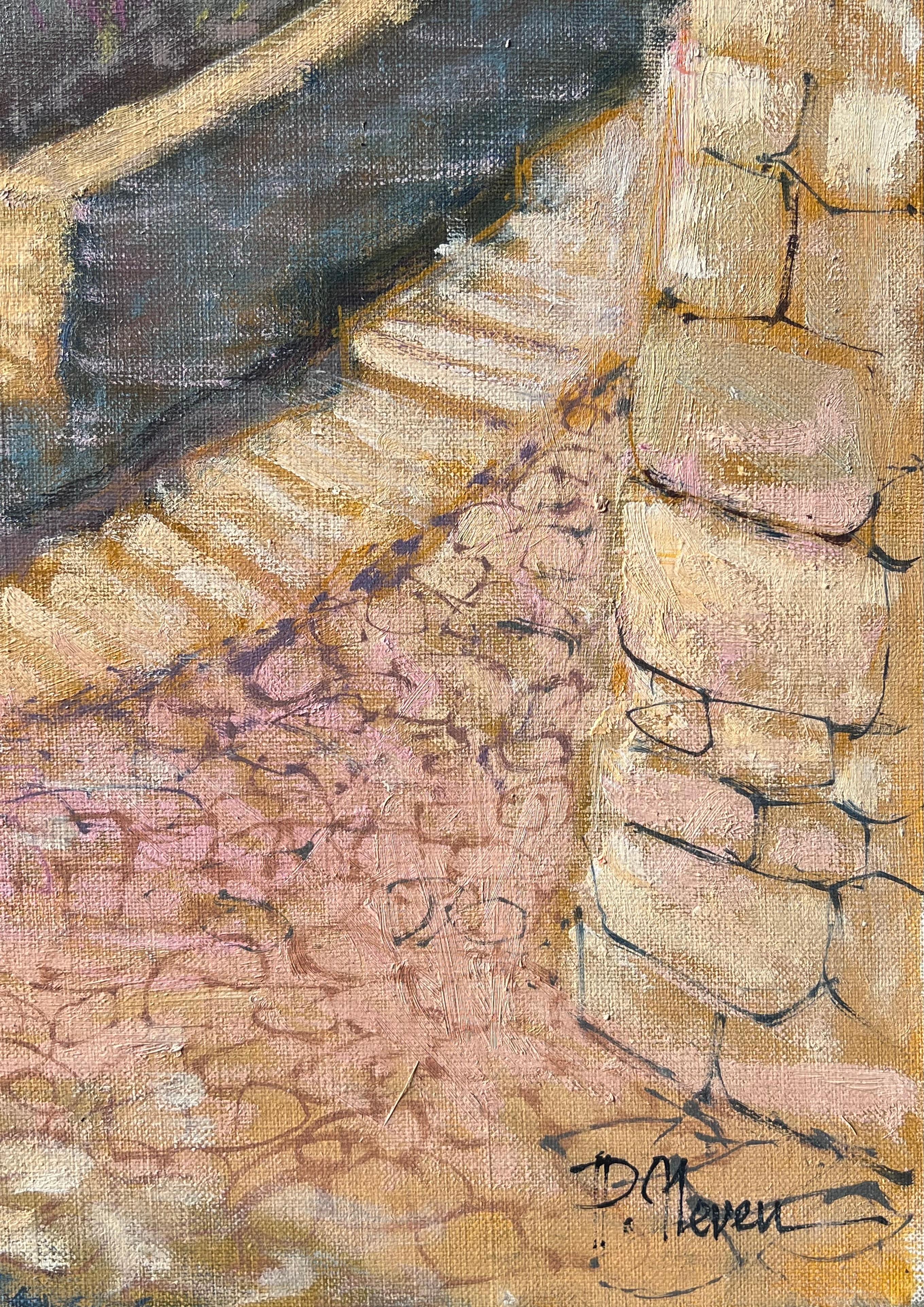 Village ensoleillé à flanc de colline avec chemin de pierre et maisons dorées Vue Peinture à l'huile française en vente 3