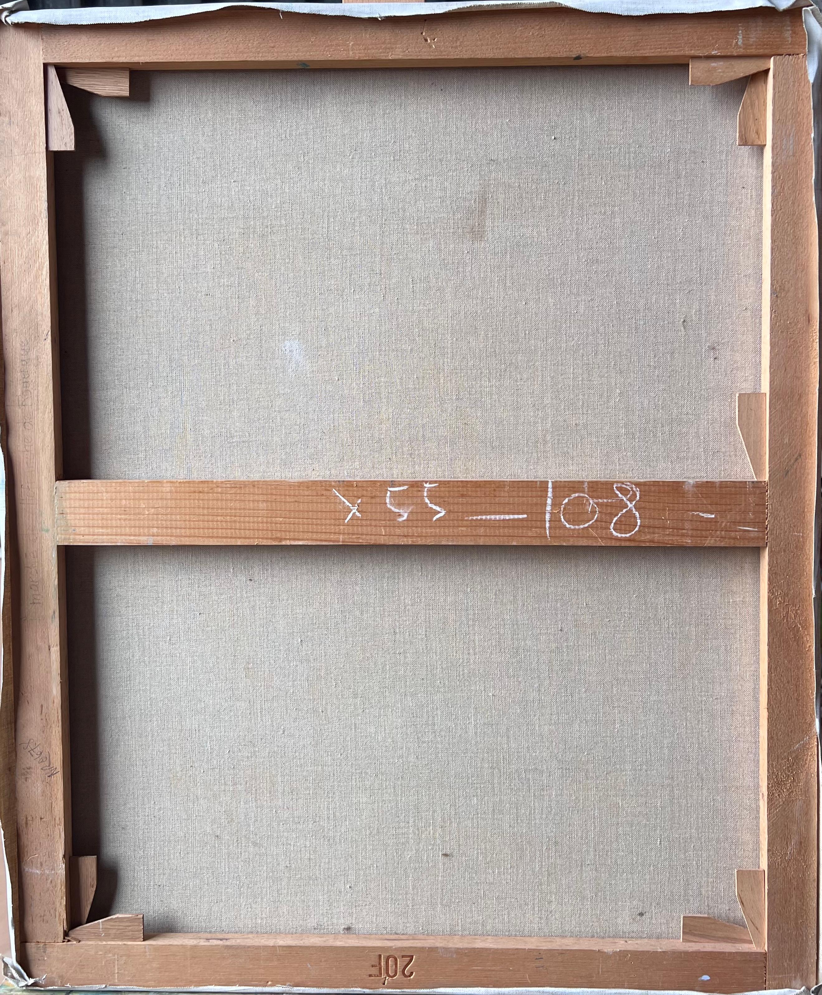 Village ensoleillé à flanc de colline avec chemin de pierre et maisons dorées Vue Peinture à l'huile française en vente 4