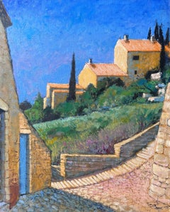 Sunlit Hillside Village With Stone Path And Golden Homes Vue French Oil Painting