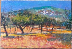 Sunlit Olive Grove with Hilltop Village in Vibrant French Countryside