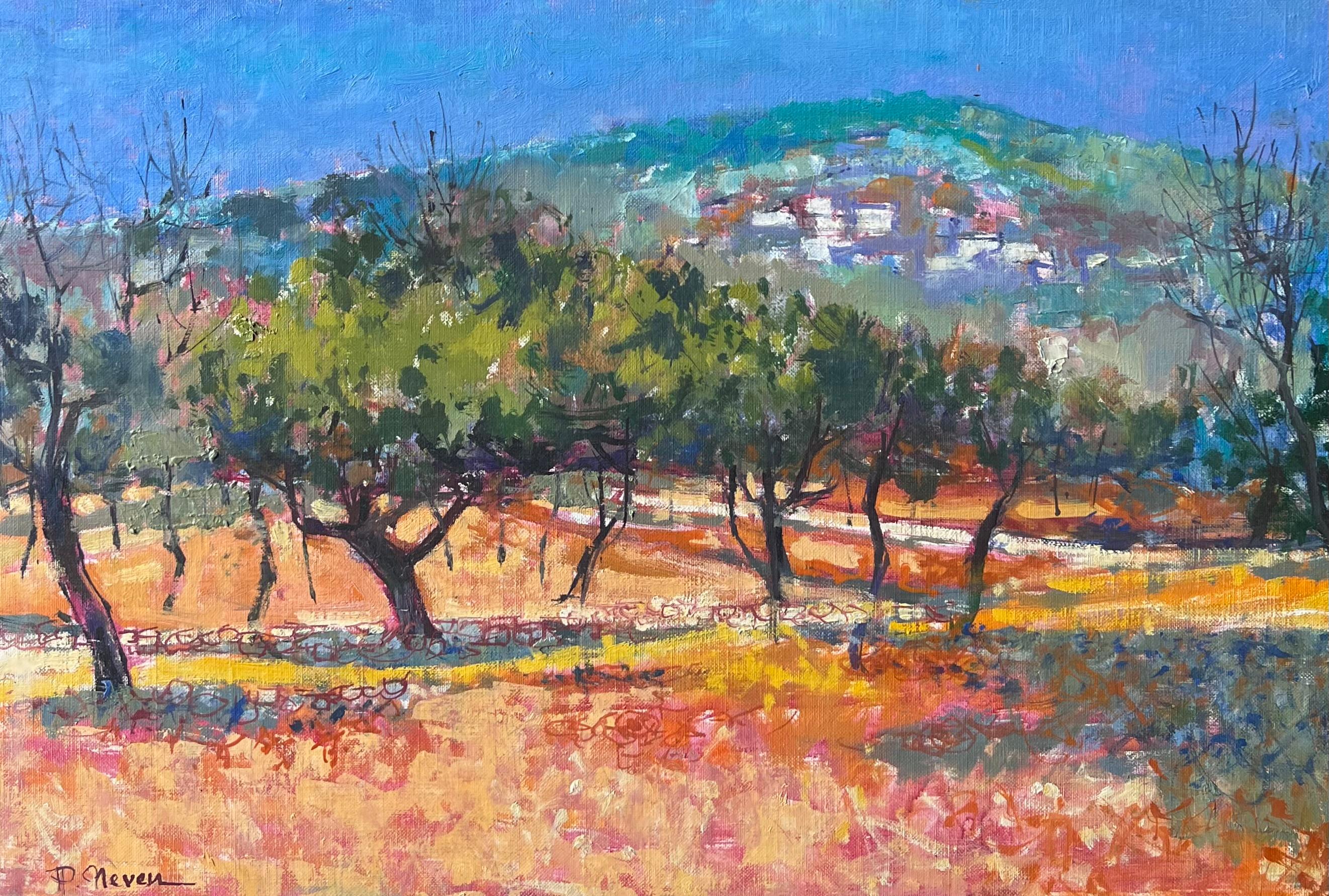 Sunlit Olive Grove with Hilltop Village in Vibrant French Countryside