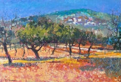 Oliveto illuminato dal sole e villaggio in collina nella vivace campagna francese