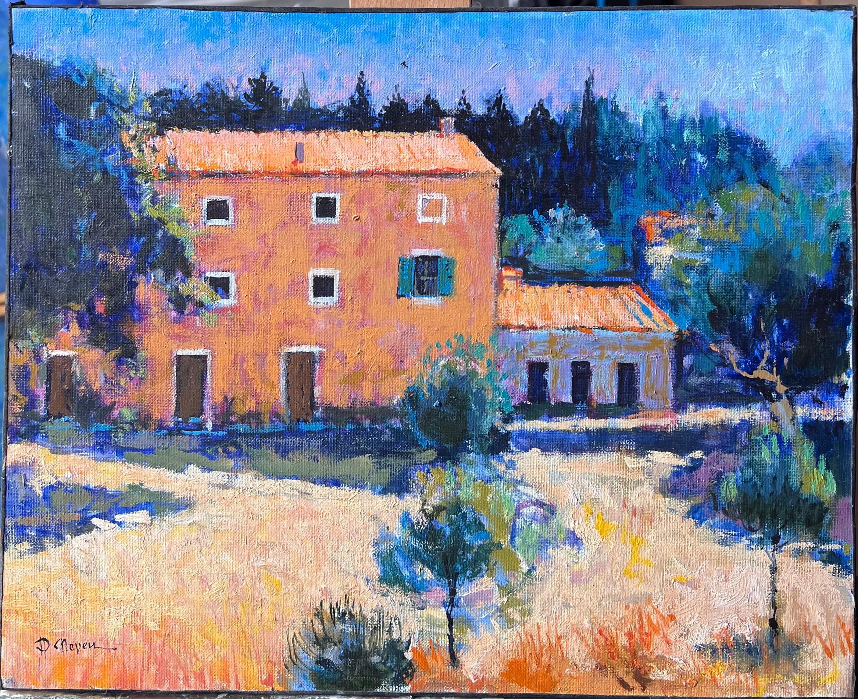 Peinture à l'huile - Mas provençal ensoleillé au milieu des arbres et des champs à Apt, France - Painting de Pierre Neveu