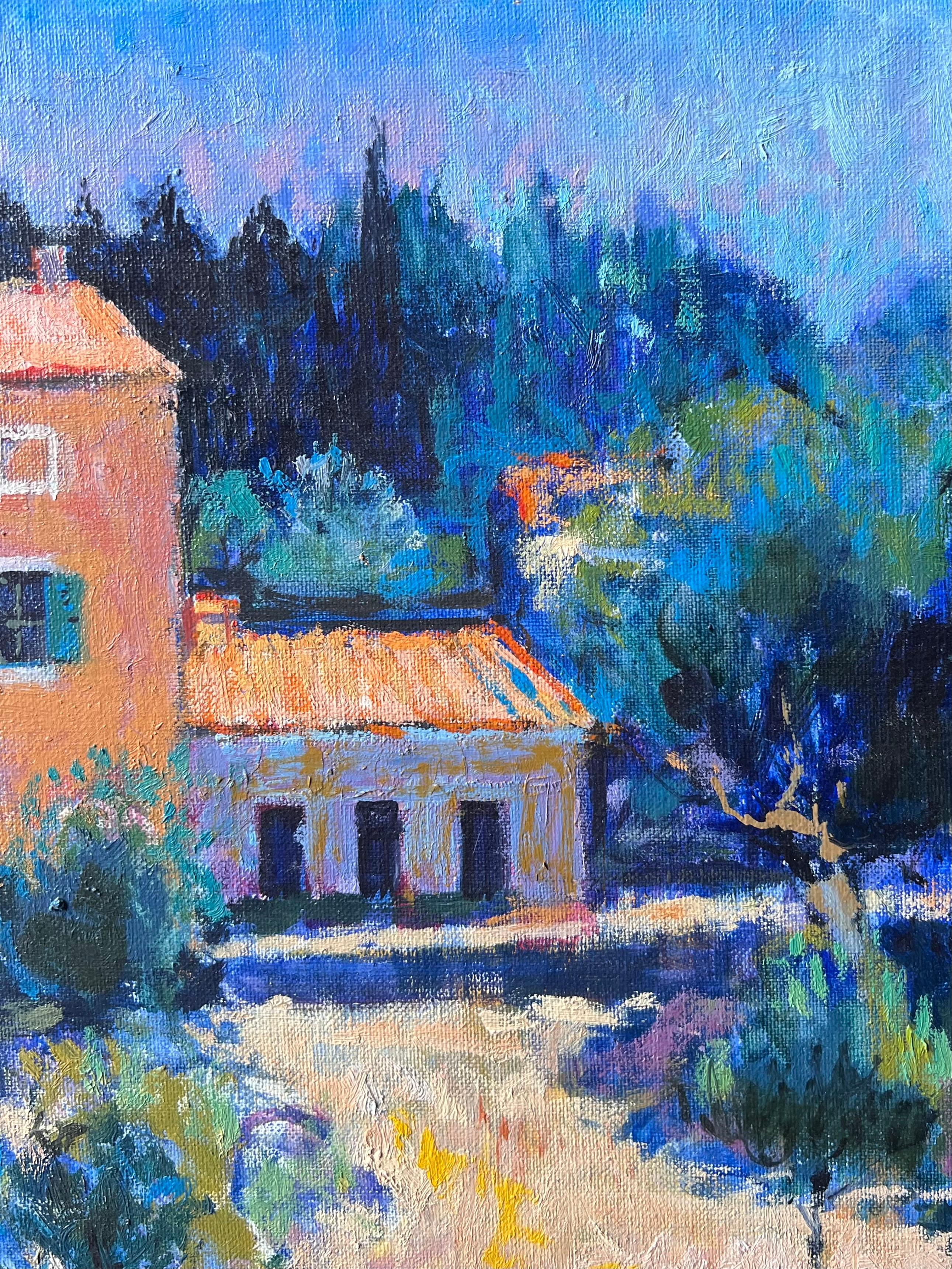 Peinture à l'huile - Mas provençal ensoleillé au milieu des arbres et des champs à Apt, France - Post-impressionnisme Painting par Pierre Neveu