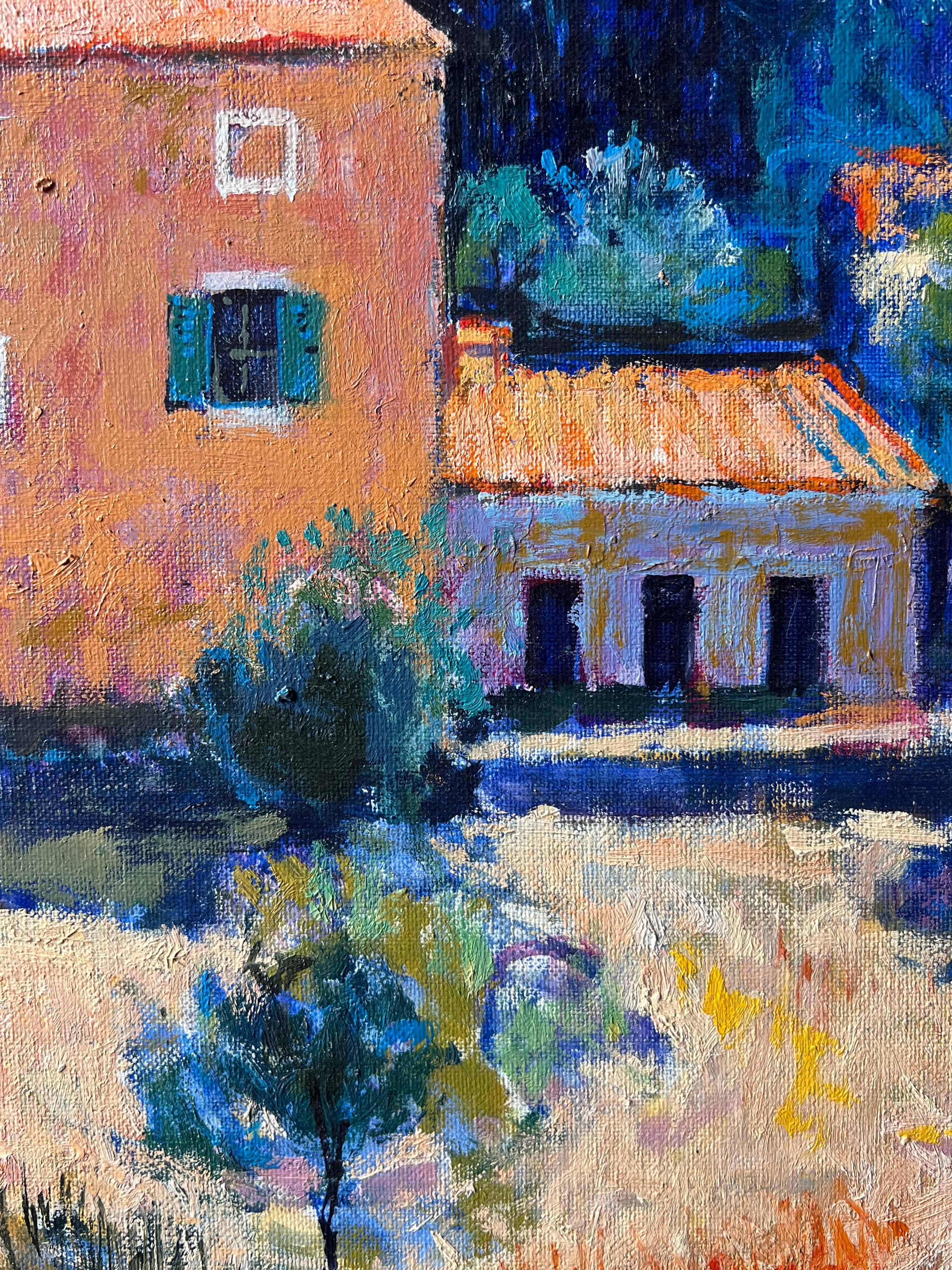 Peinture à l'huile - Mas provençal ensoleillé au milieu des arbres et des champs à Apt, France en vente 1