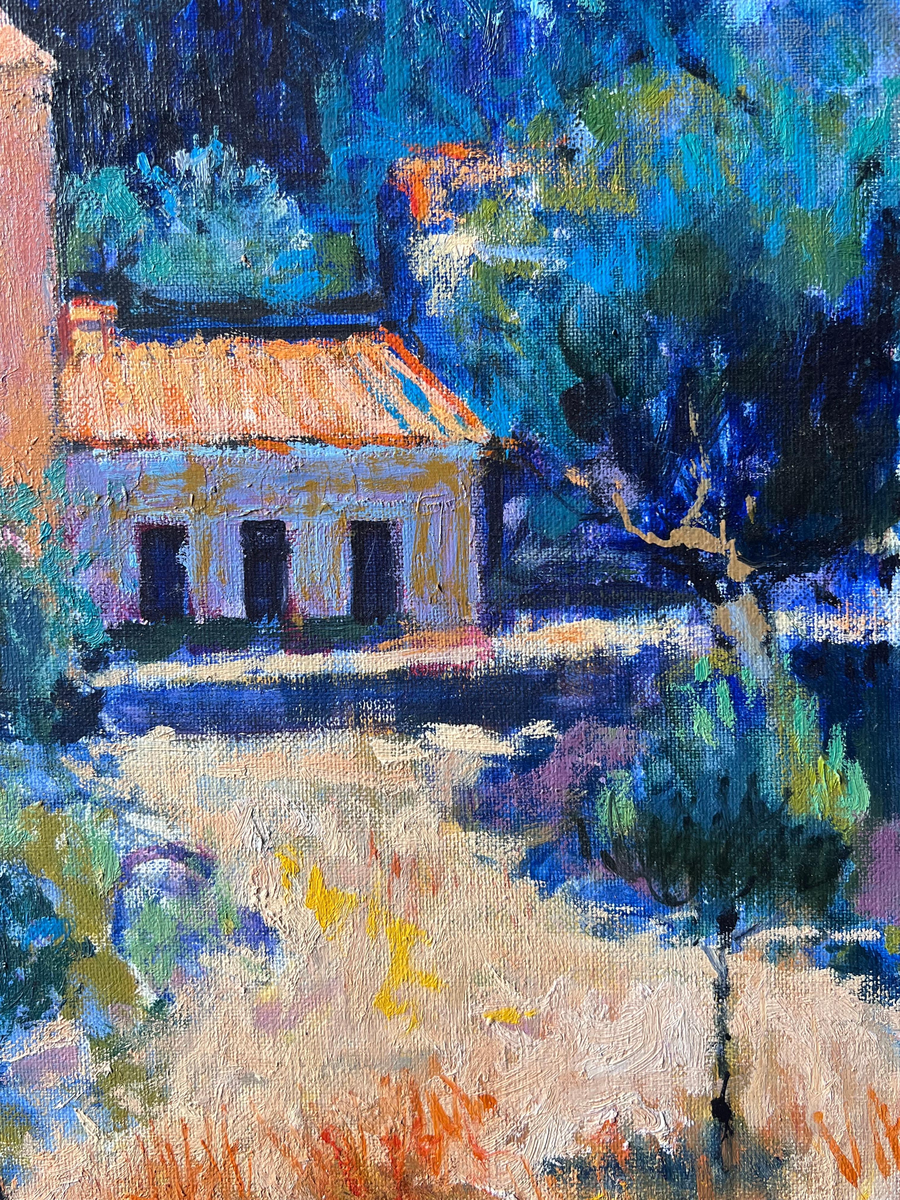 Peinture à l'huile - Mas provençal ensoleillé au milieu des arbres et des champs à Apt, France en vente 2