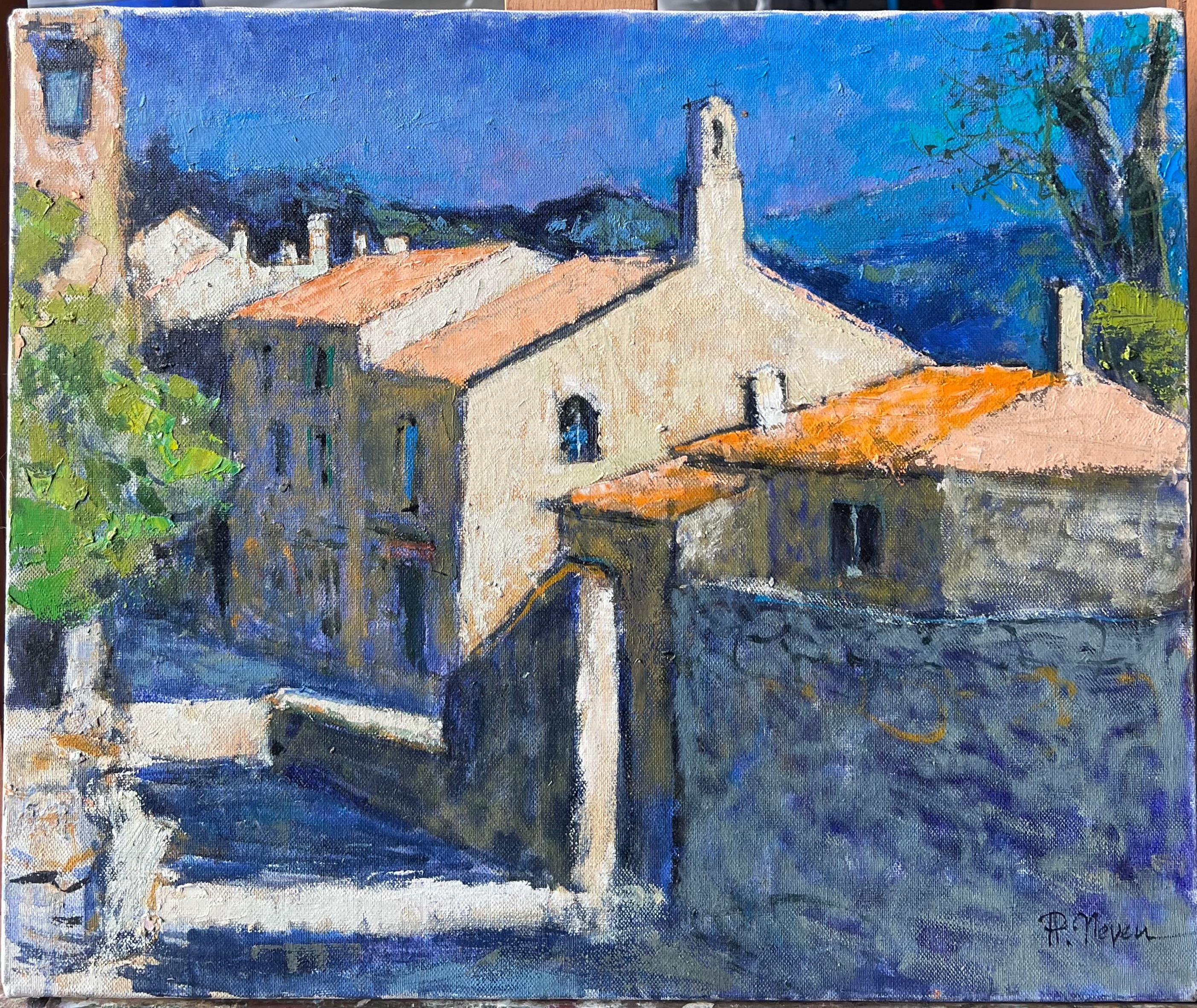 Sonnenbeschienene Dorfstraße in der Provence Postimpressionistisches französisches Ölgemälde – Painting von Pierre Neveu