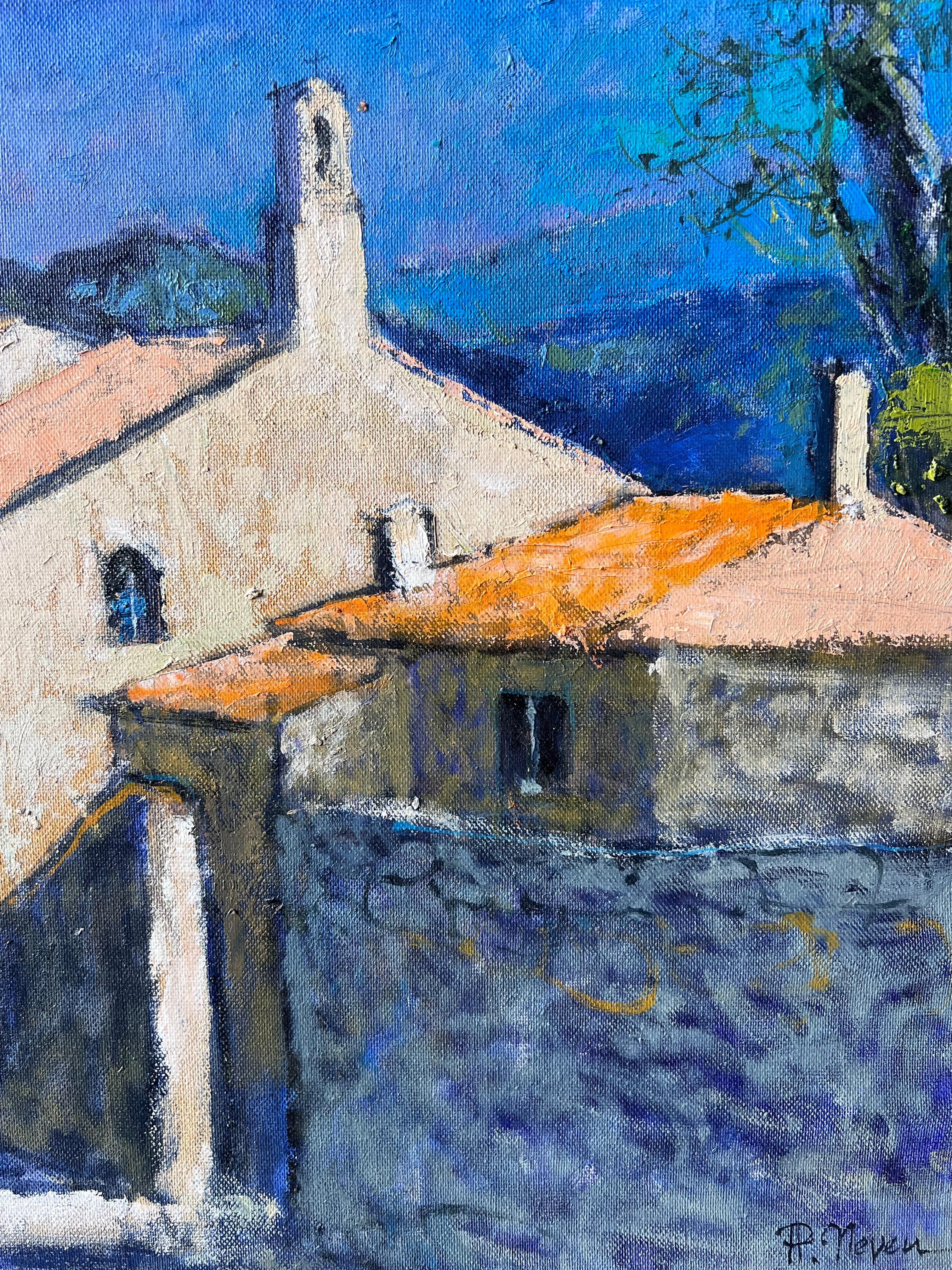 Sonnenbeschienene Dorfstraße in der Provence Postimpressionistisches französisches Ölgemälde (Post-Impressionismus), Painting, von Pierre Neveu