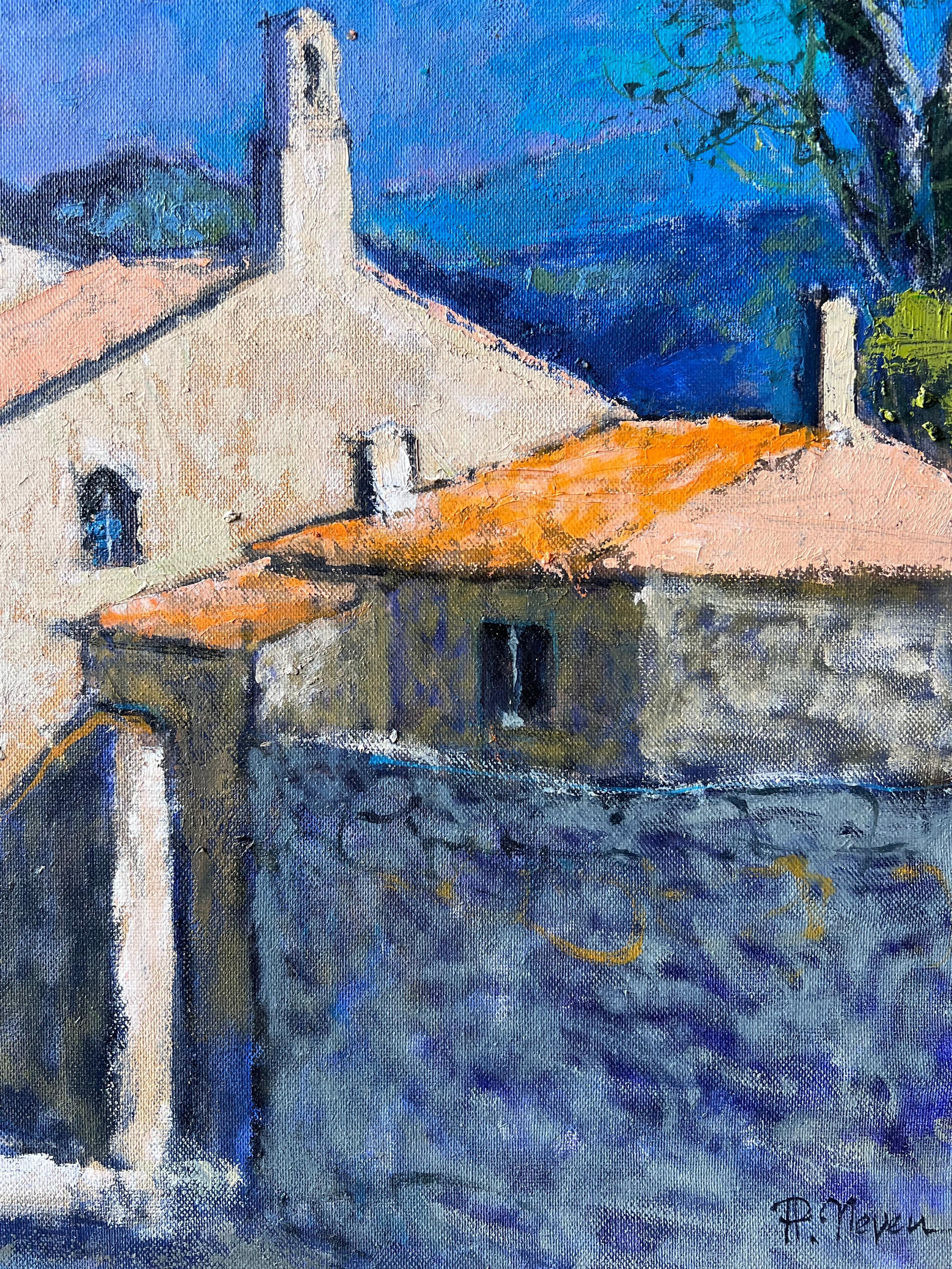 Sonnenbeschienene Dorfstraße in der Provence Postimpressionistisches französisches Ölgemälde (Blau), Landscape Painting, von Pierre Neveu