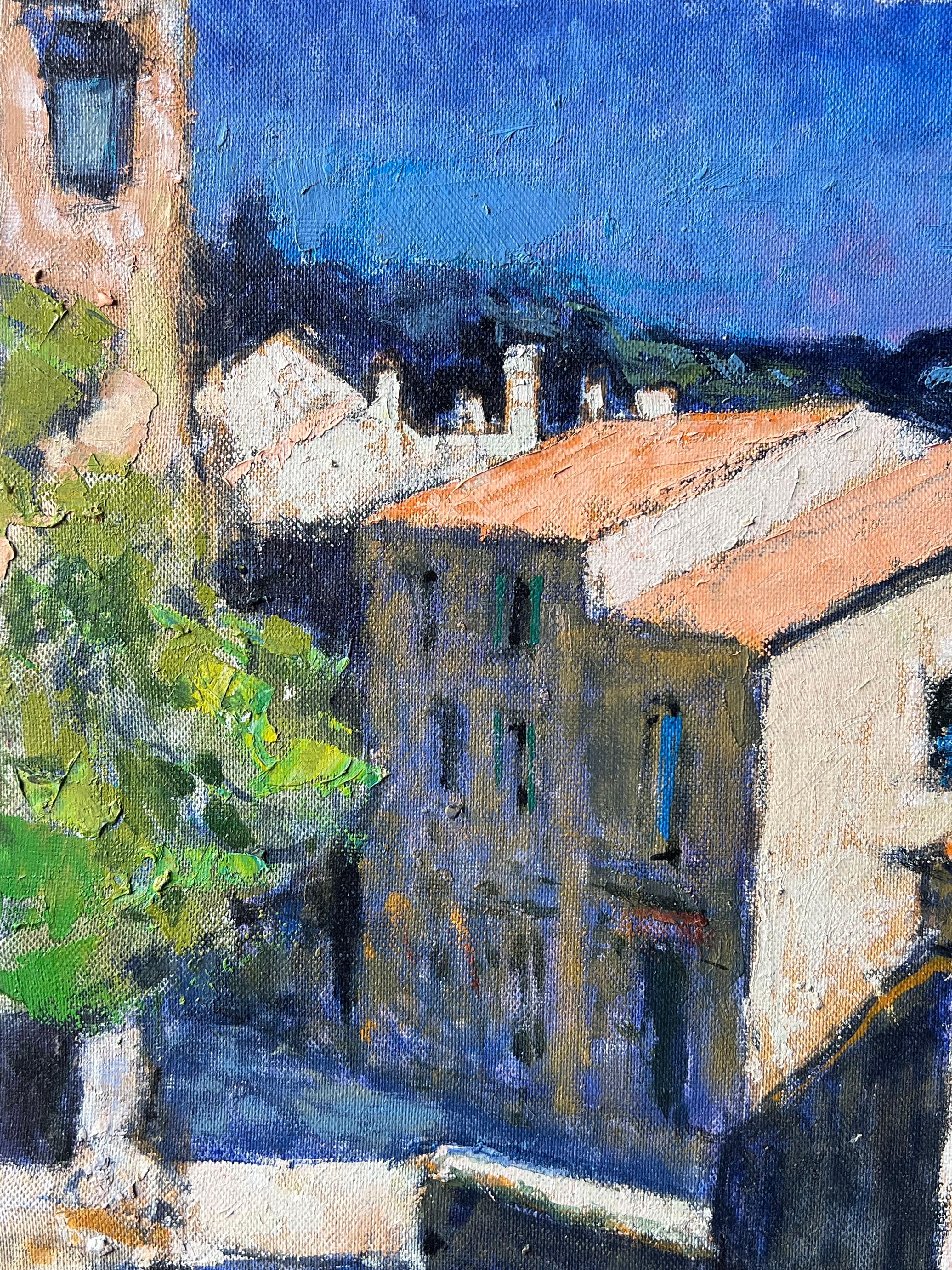 Sonnenbeschienene Dorfstraße in der Provence Postimpressionistisches französisches Ölgemälde im Angebot 1