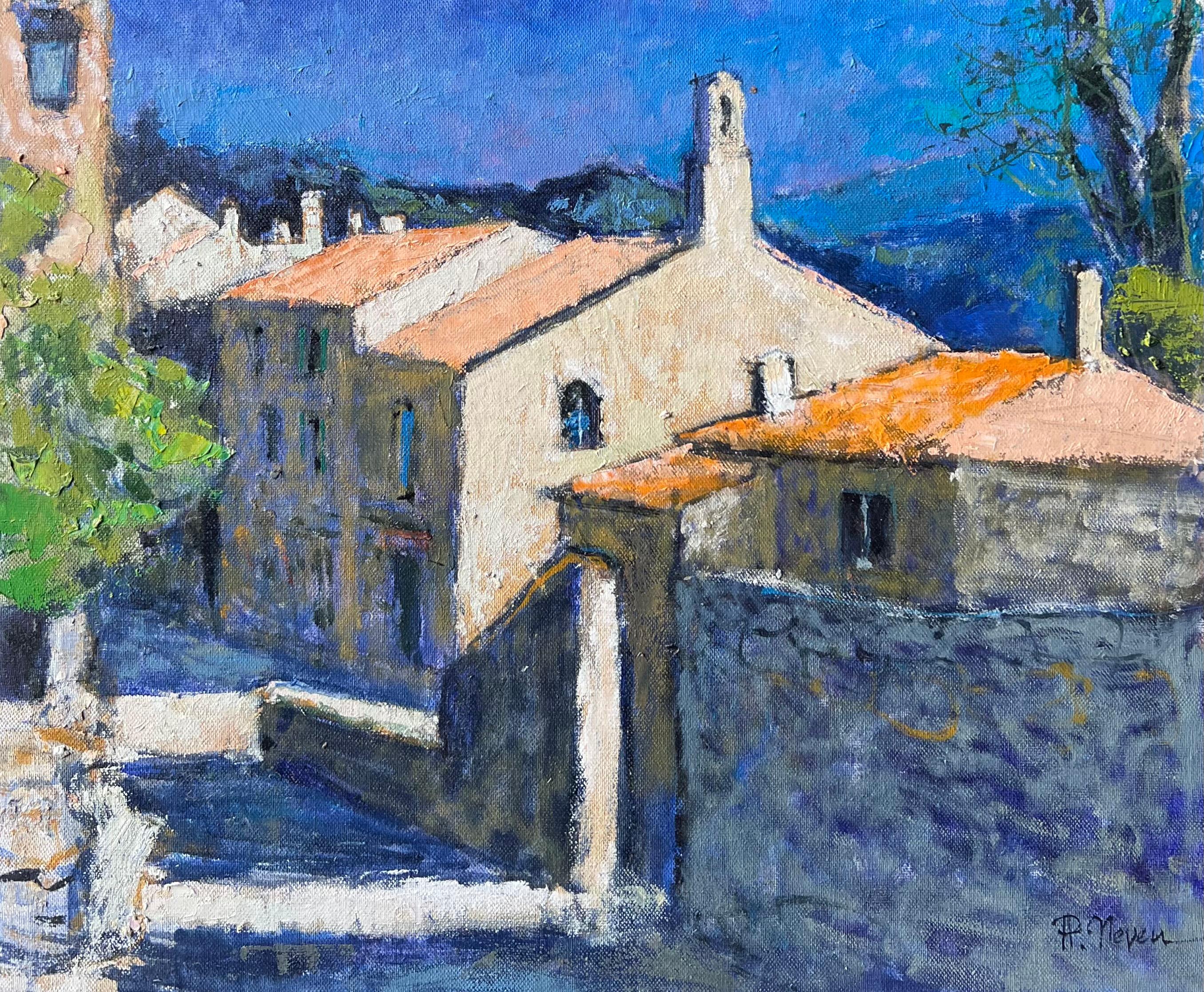 Rue de village ensoleillée en Provence Peinture à l
huile française post-impressionniste