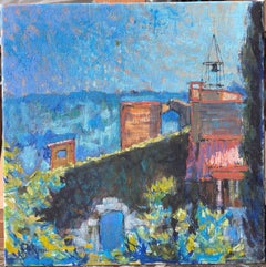 Azotea soleada con arco de piedra y cielo azul sobre una ciudad Pintura al óleo francesa