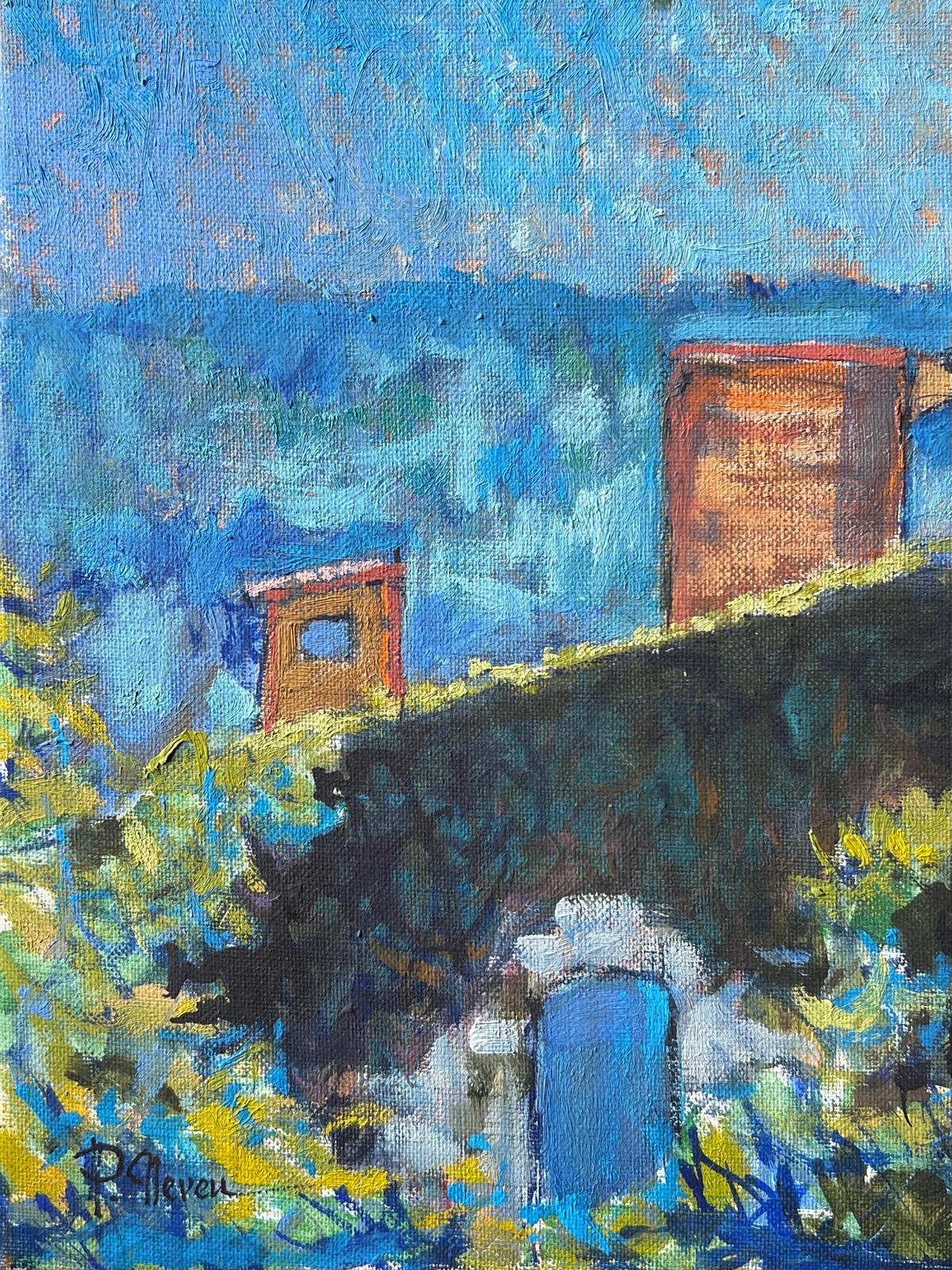 Sonnige Dachterrassen-Aussicht 
Künstler: Pierre Neveu (Franzose, geb. 1929)
signiert unten links
Medium: Öl auf Leinwand, ungerahmt
Leinwand: 12 x 12 Zoll
Zustand: Guter und gesunder Zustand
Provenienz: Aus dem Atelierverkauf des Künstlers in