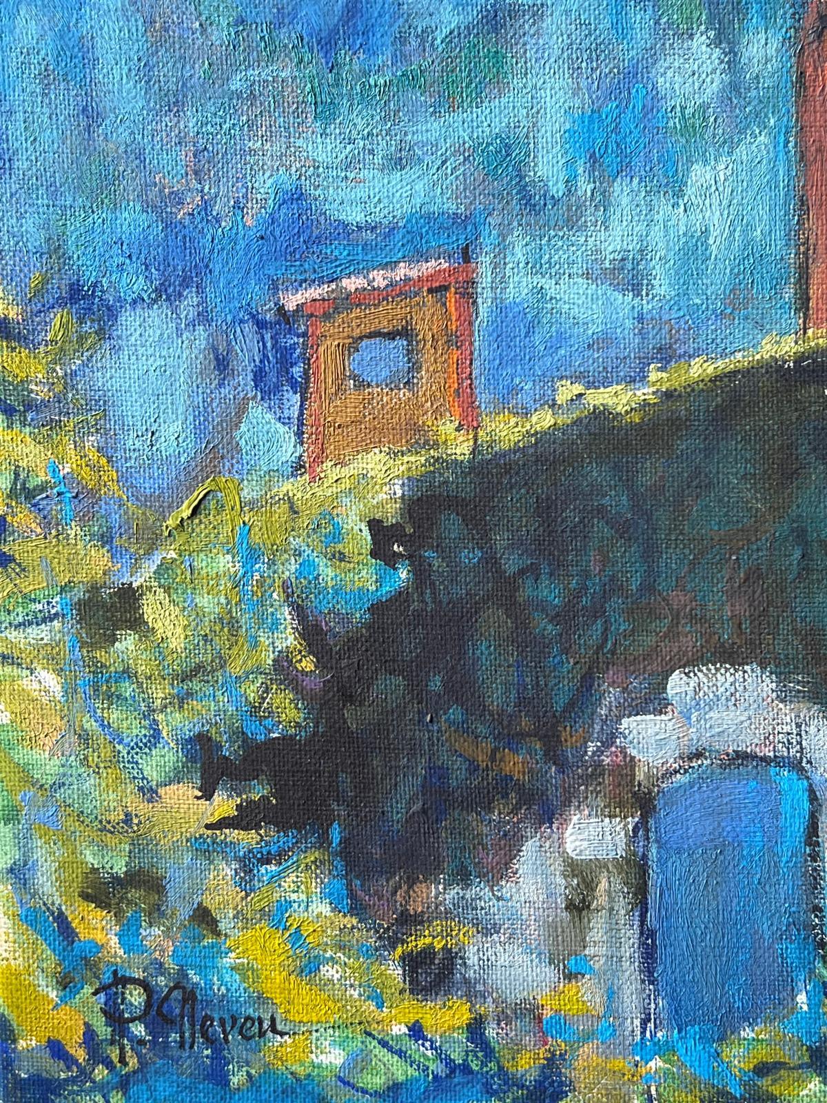 Sonnige Dachansicht mit Steinbogen und blauem Himmel über einer Townes Französisches Ölgemälde im Angebot 1