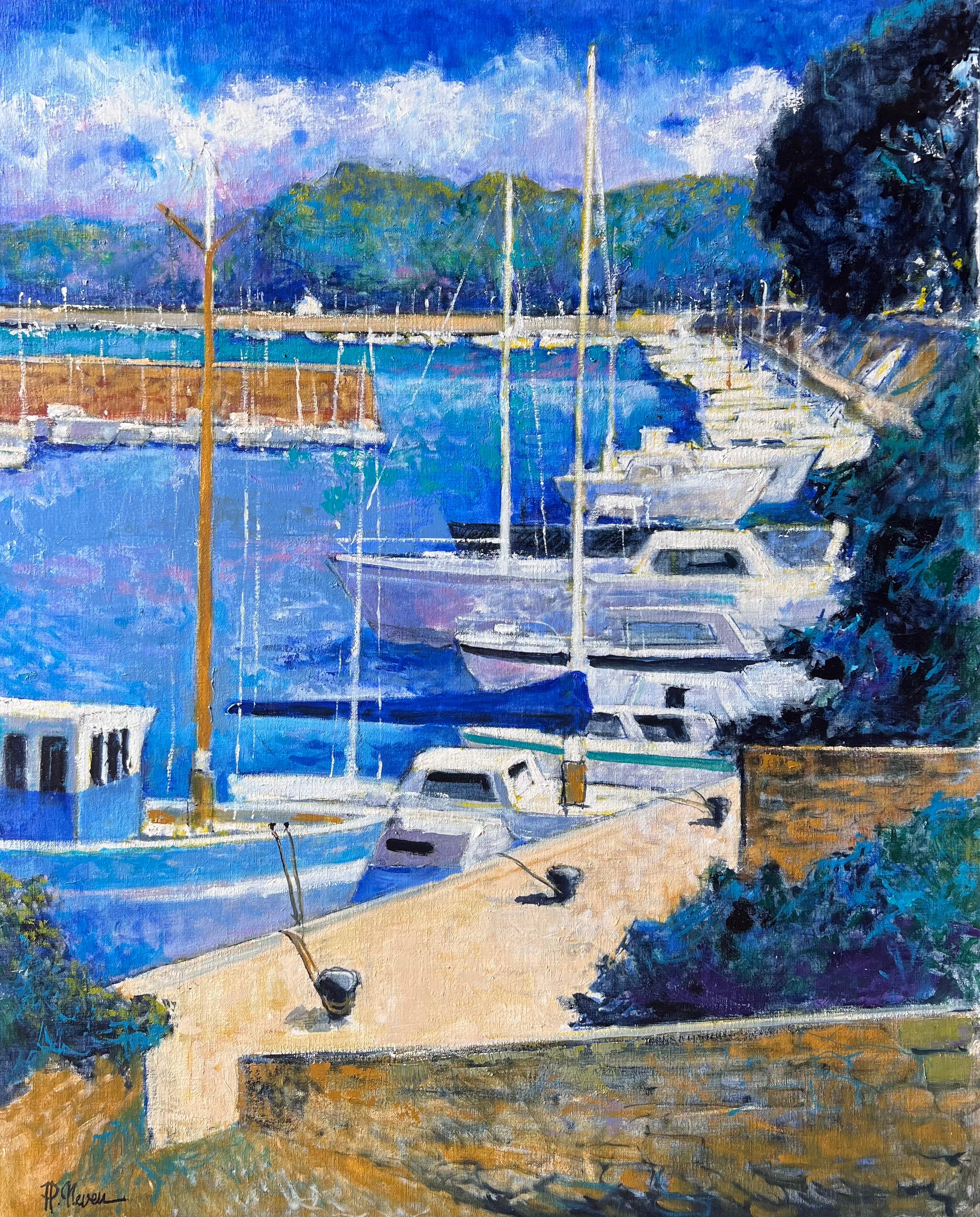 Sunny Sailboats In Blue Marina By Green Hills At Harbour French Ölgemälde