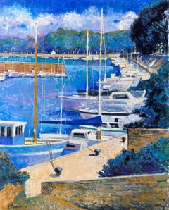 Sunny Sailboats In Blue Marina By Green Hills At Harbour French Oil Painting