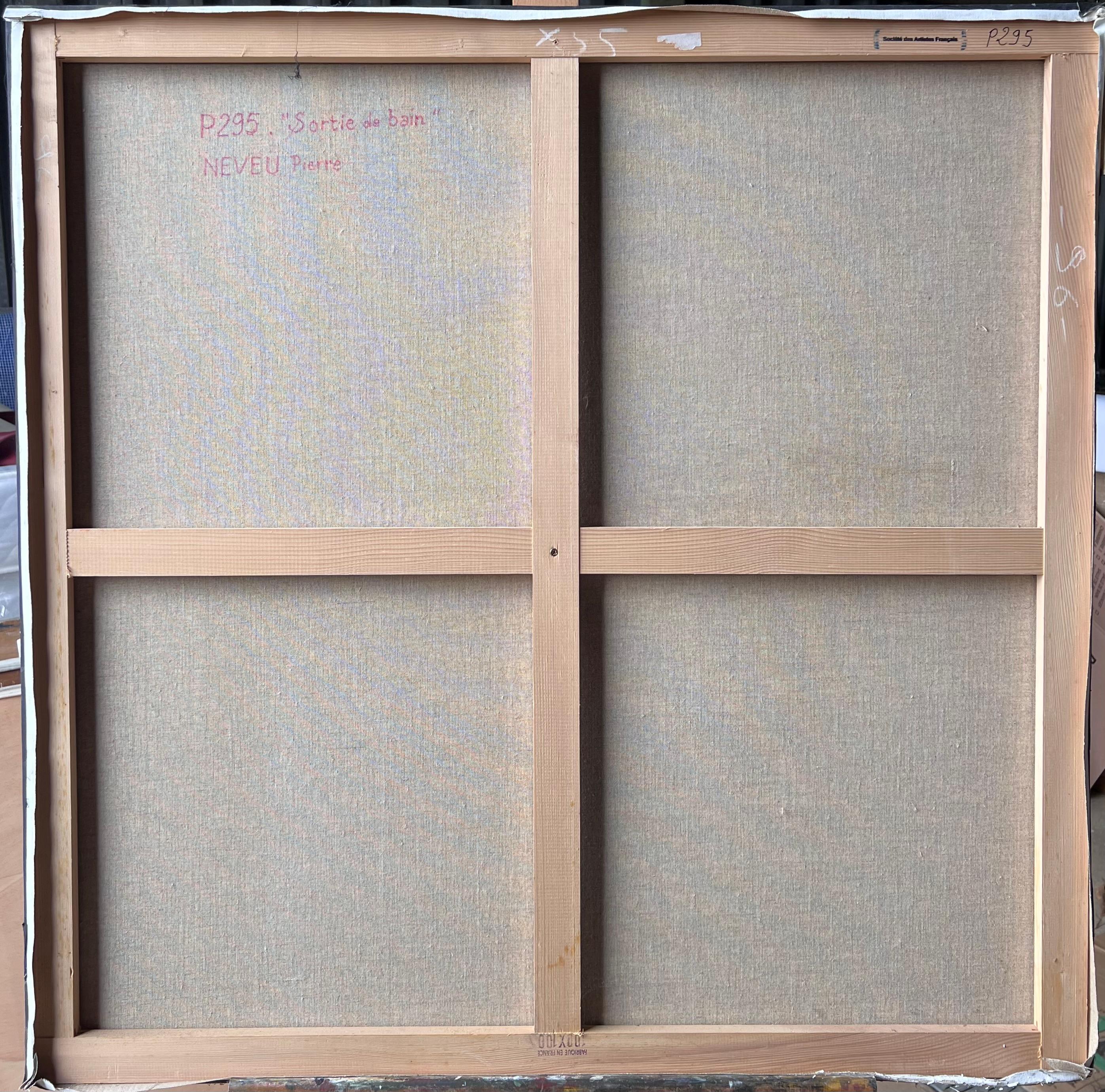 Frau in blauem geblümten Bademantel entspannt am warmen sonnenbeschienenen ruhigen Strand Französisch Ölgemälde im Angebot 5