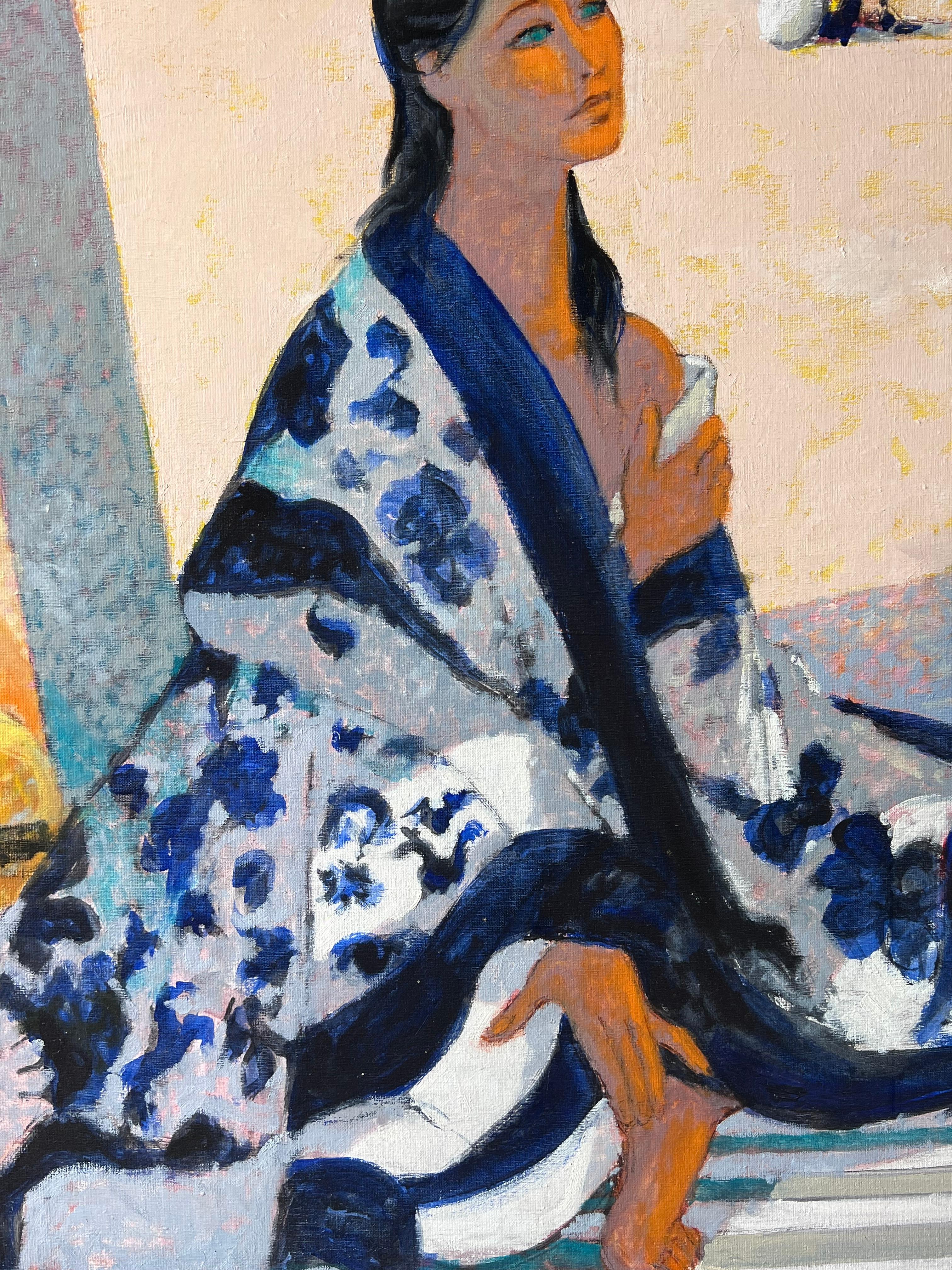 Frau in blauem geblümten Gewand 
Künstler: Pierre Neveu (Franzose, geb. 1929)
signiert unten rechts
Medium: Öl auf Leinwand, ungerahmt
Leinwand: 39,5 x 39,5 Zoll
Zustand: Guter und gesunder Zustand
Verso signiert und beschriftet
Provenienz: Aus dem