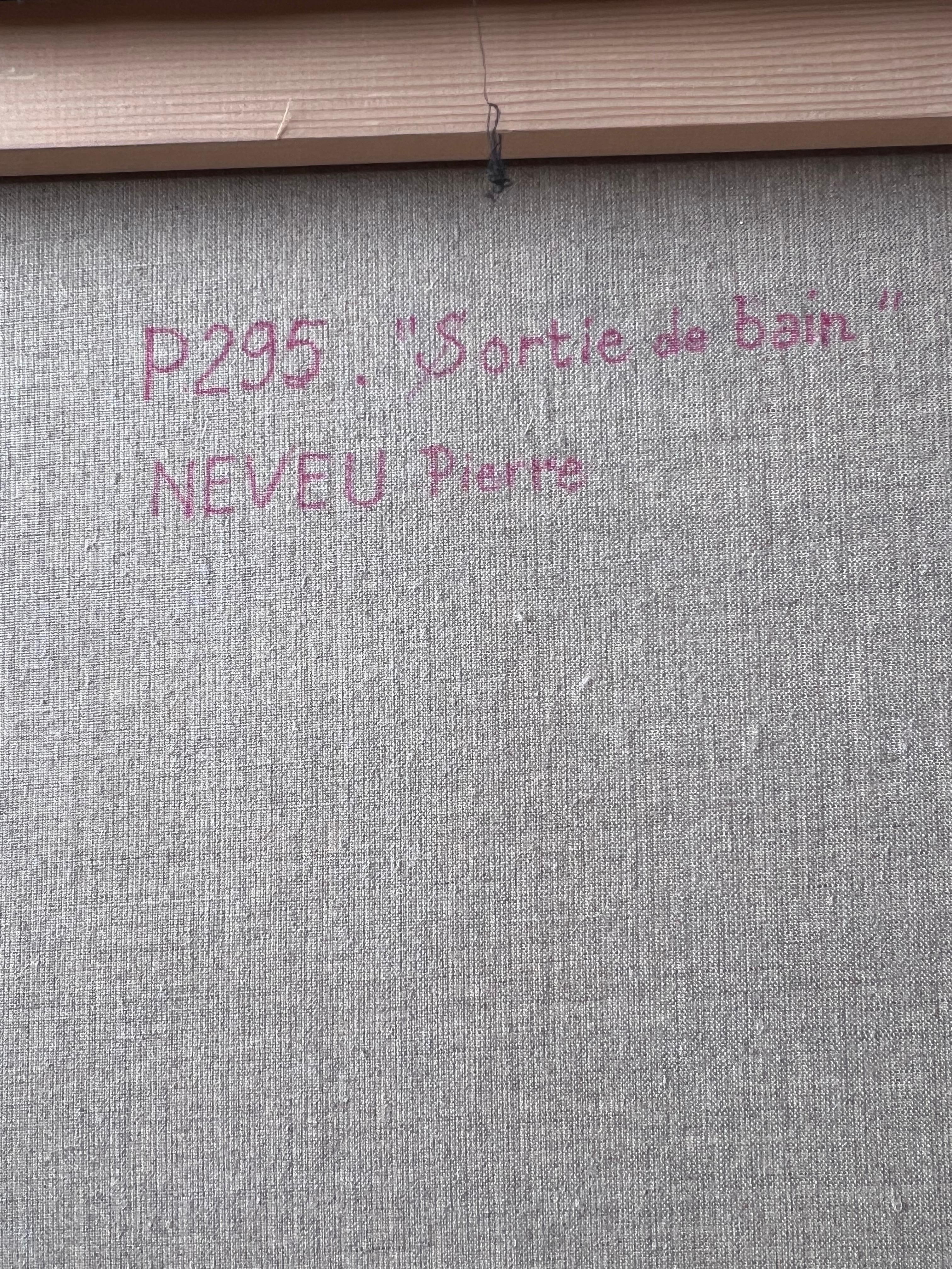 Frau in blauem geblümten Bademantel entspannt am warmen sonnenbeschienenen ruhigen Strand Französisch Ölgemälde im Angebot 4