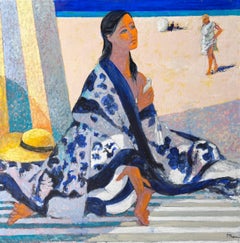 Woman In Blue Floral Robe Relaxing At Warm Sunlit Calm Beach French Oil Painting
