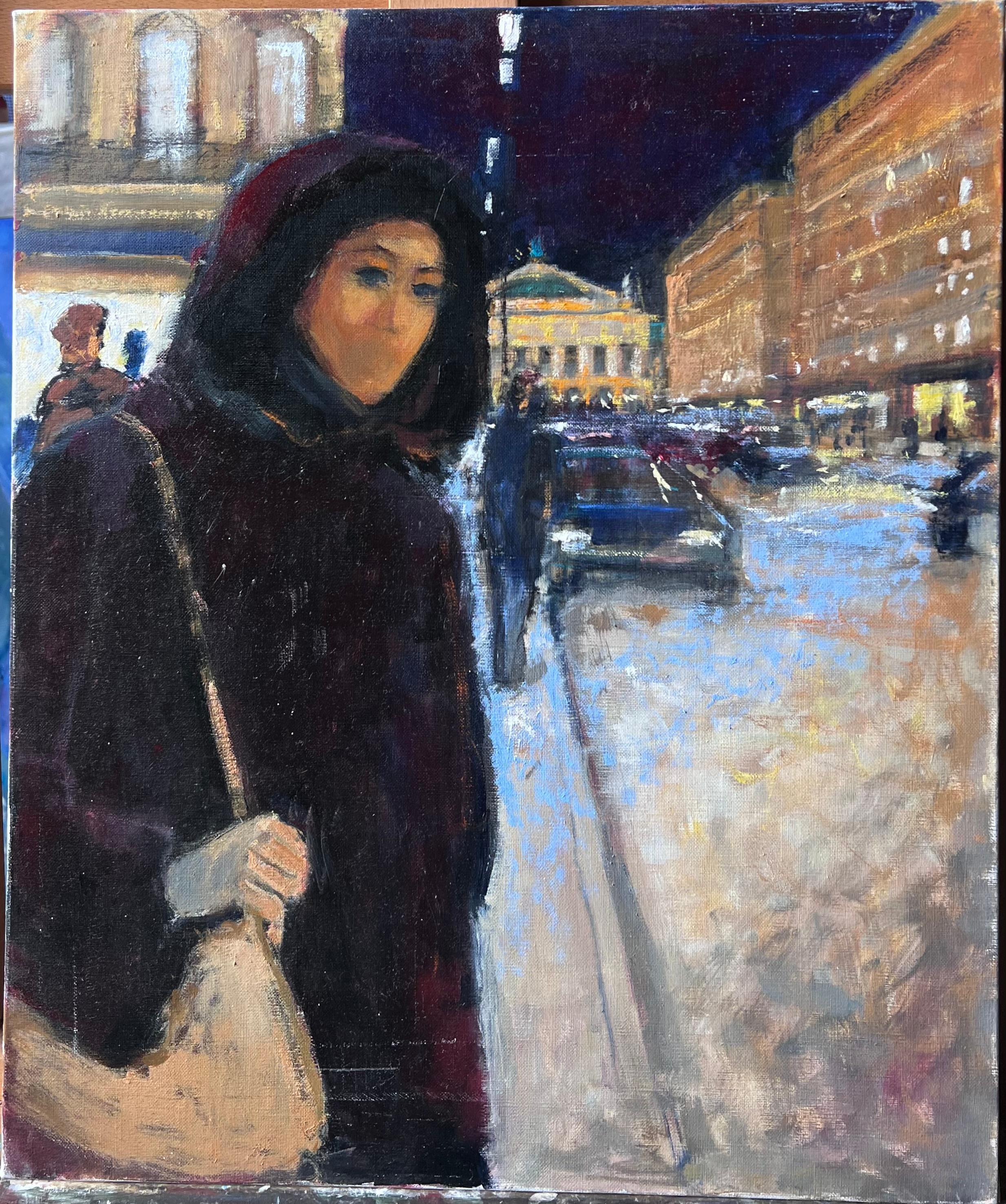 Frau auf verschneiter Pariser Opernstraße bei Nacht mit Lichtern Französisches Ölgemälde – Painting von Pierre Neveu