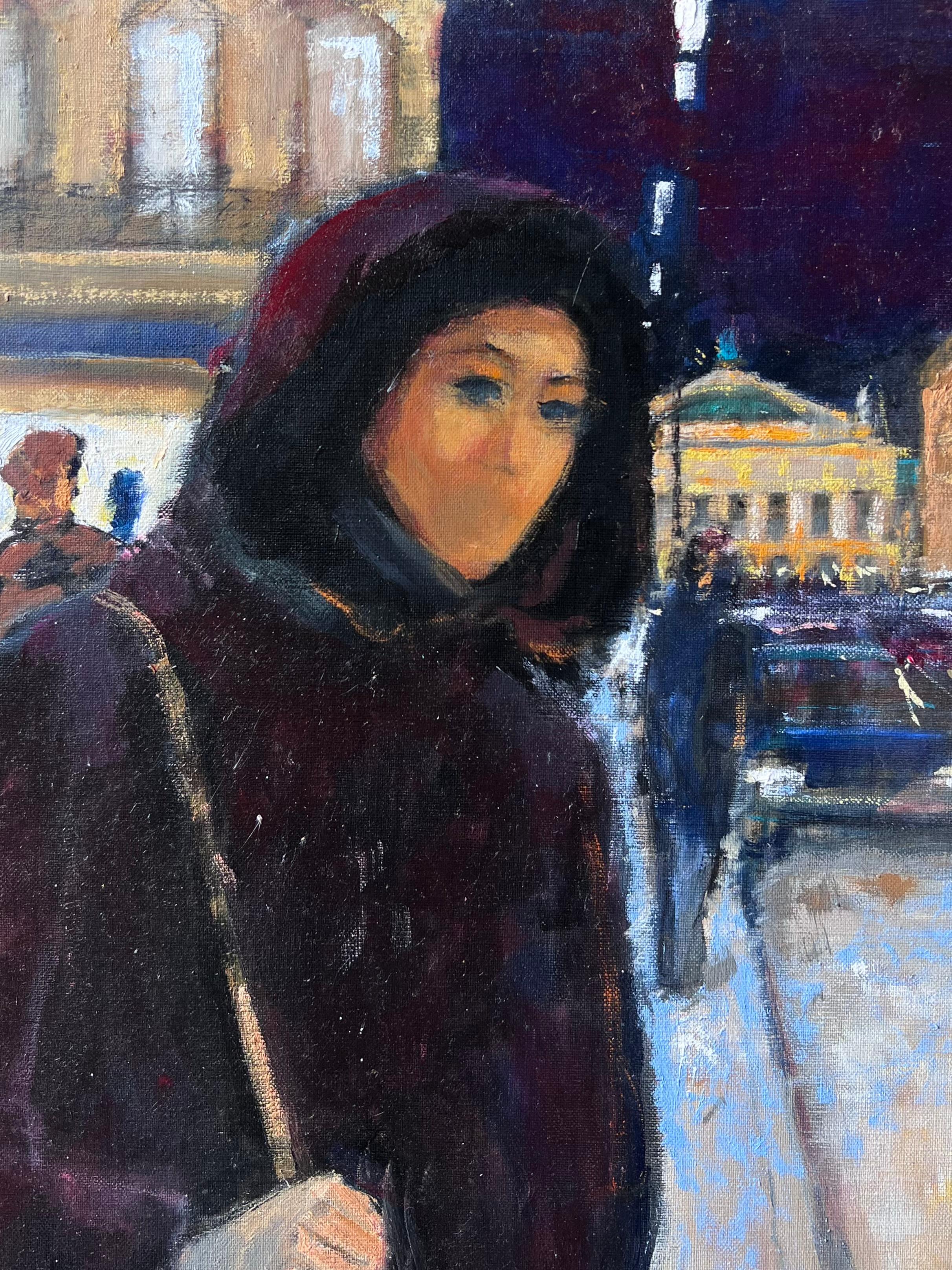 Frau auf verschneiter Pariser Opernstraße bei Nacht mit Lichtern Französisches Ölgemälde (Post-Impressionismus), Painting, von Pierre Neveu
