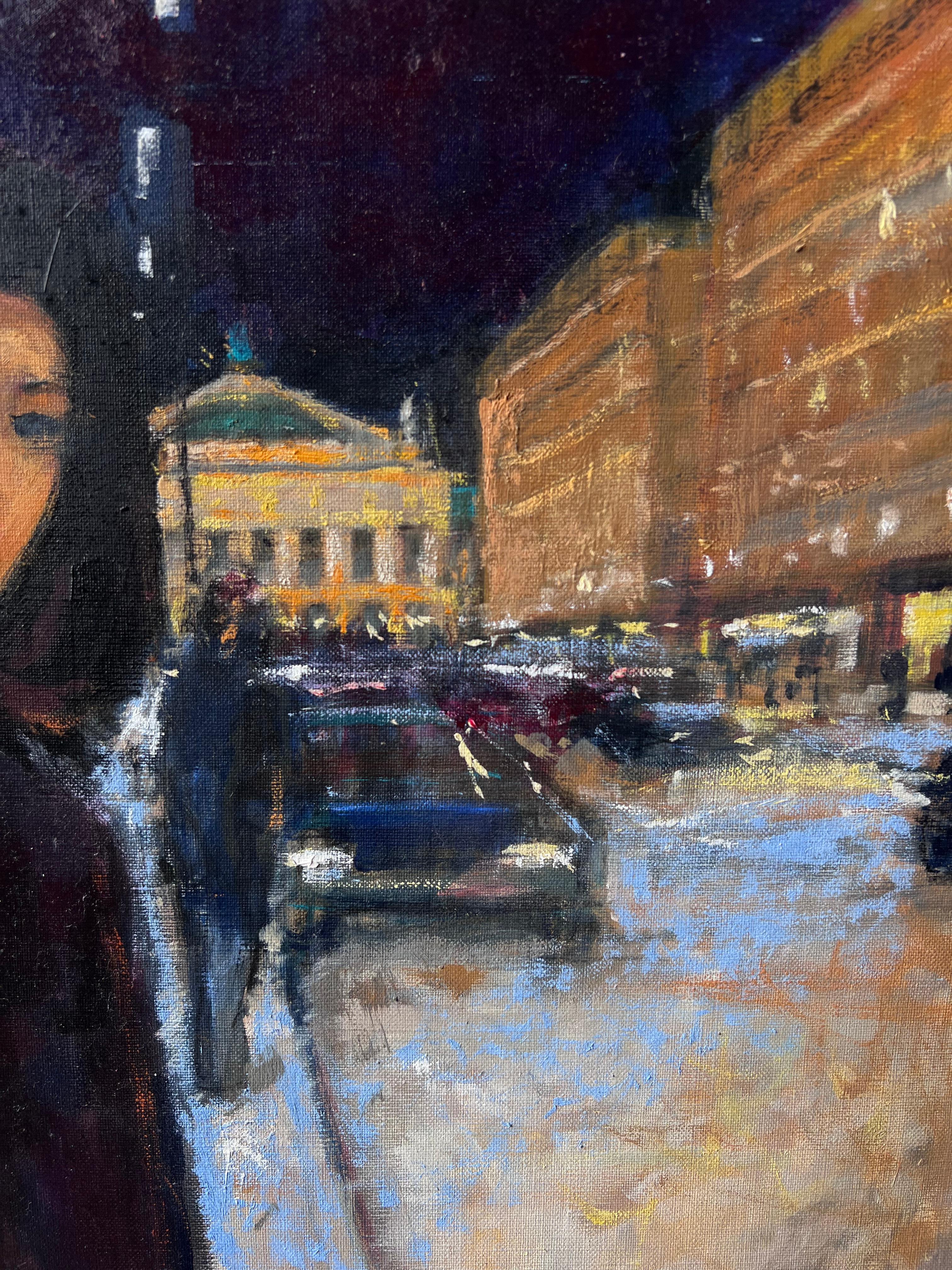 Frau auf verschneiter Pariser Opernstraße bei Nacht mit Lichtern Französisches Ölgemälde (Schwarz), Figurative Painting, von Pierre Neveu