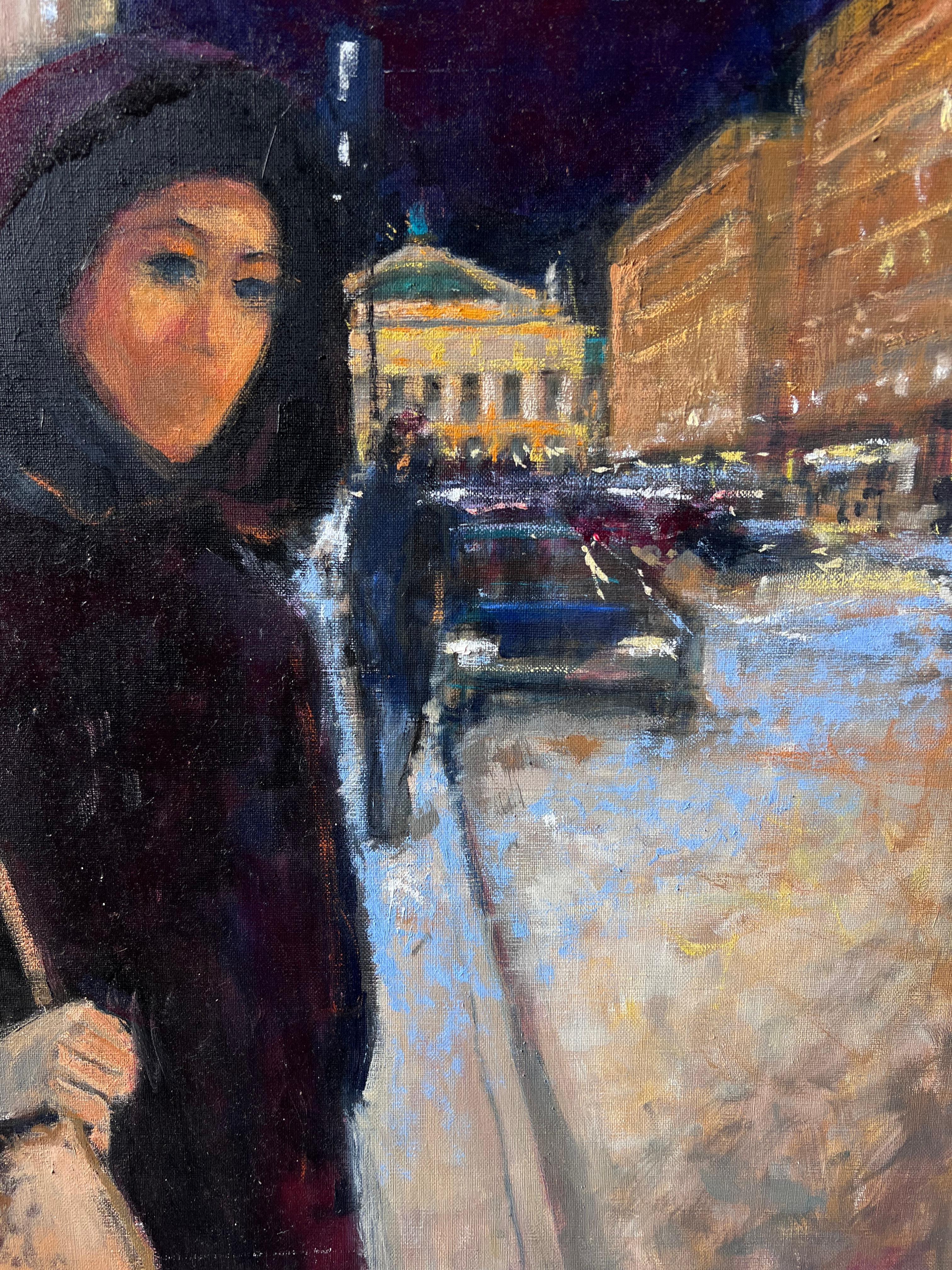 Frau vor der Pariser Oper
Künstler: Pierre Neveu (Franzose, geb. 1929)
Medium: Öl auf Leinwand, ungerahmt
Leinwand: 22 x 18 Zoll
Zustand: Guter und gesunder Zustand mit leichten Kratzern auf der Leinwand 
Provenienz: Aus dem Atelierverkauf des