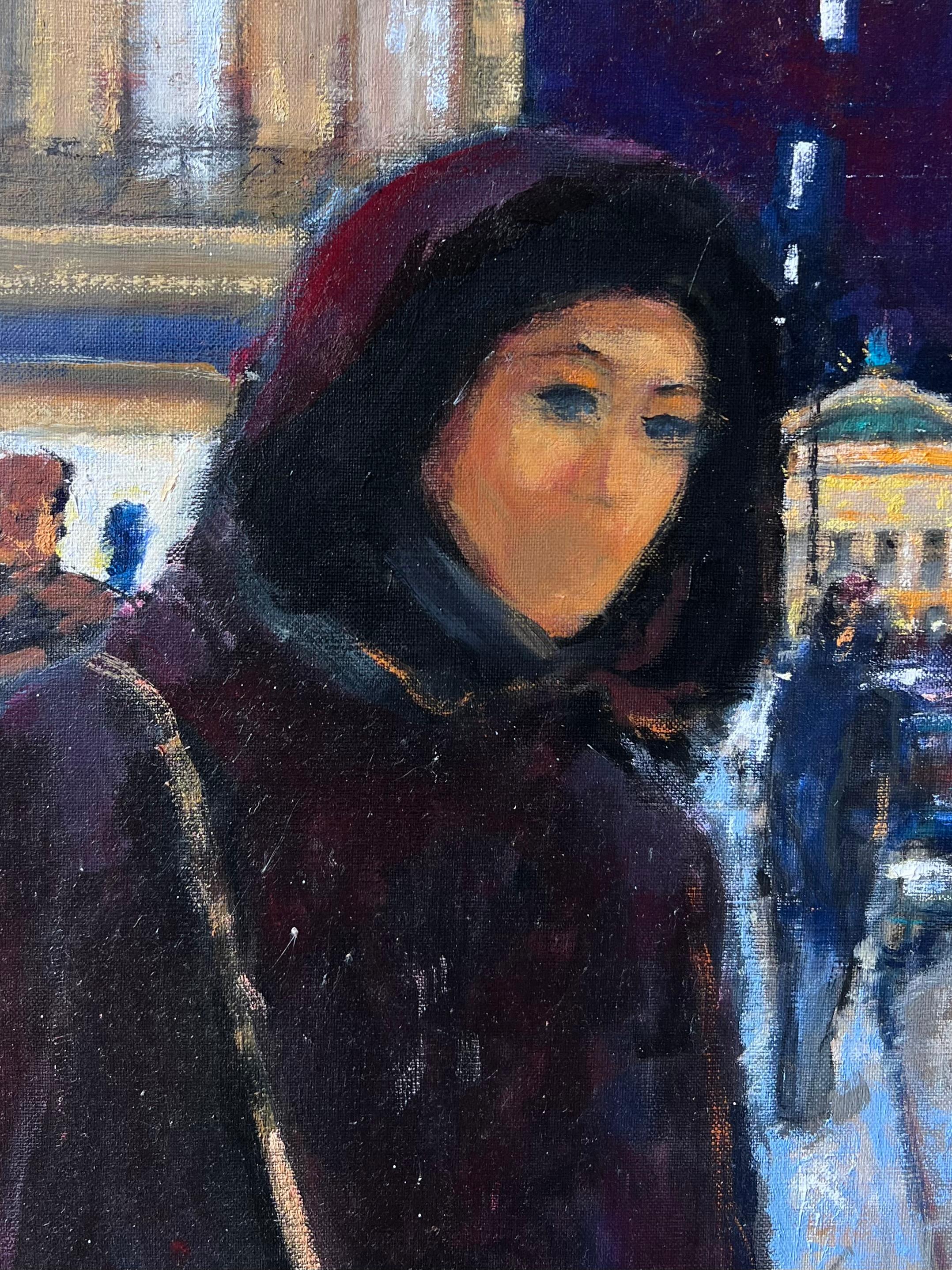 Frau auf verschneiter Pariser Opernstraße bei Nacht mit Lichtern Französisches Ölgemälde im Angebot 1