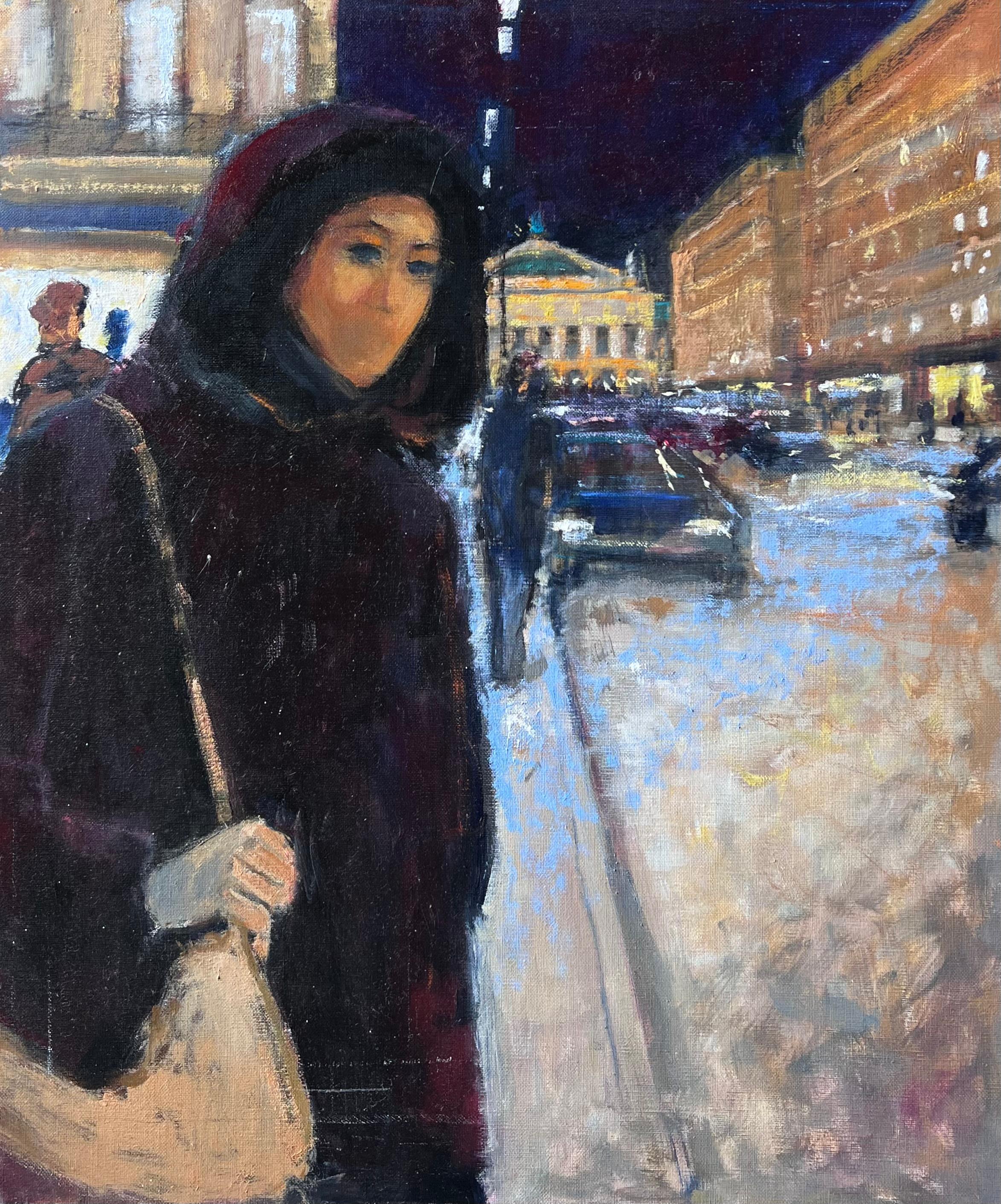 Frau auf verschneiter Pariser Opernstraße bei Nacht mit Lichtern Französisches Ölgemälde