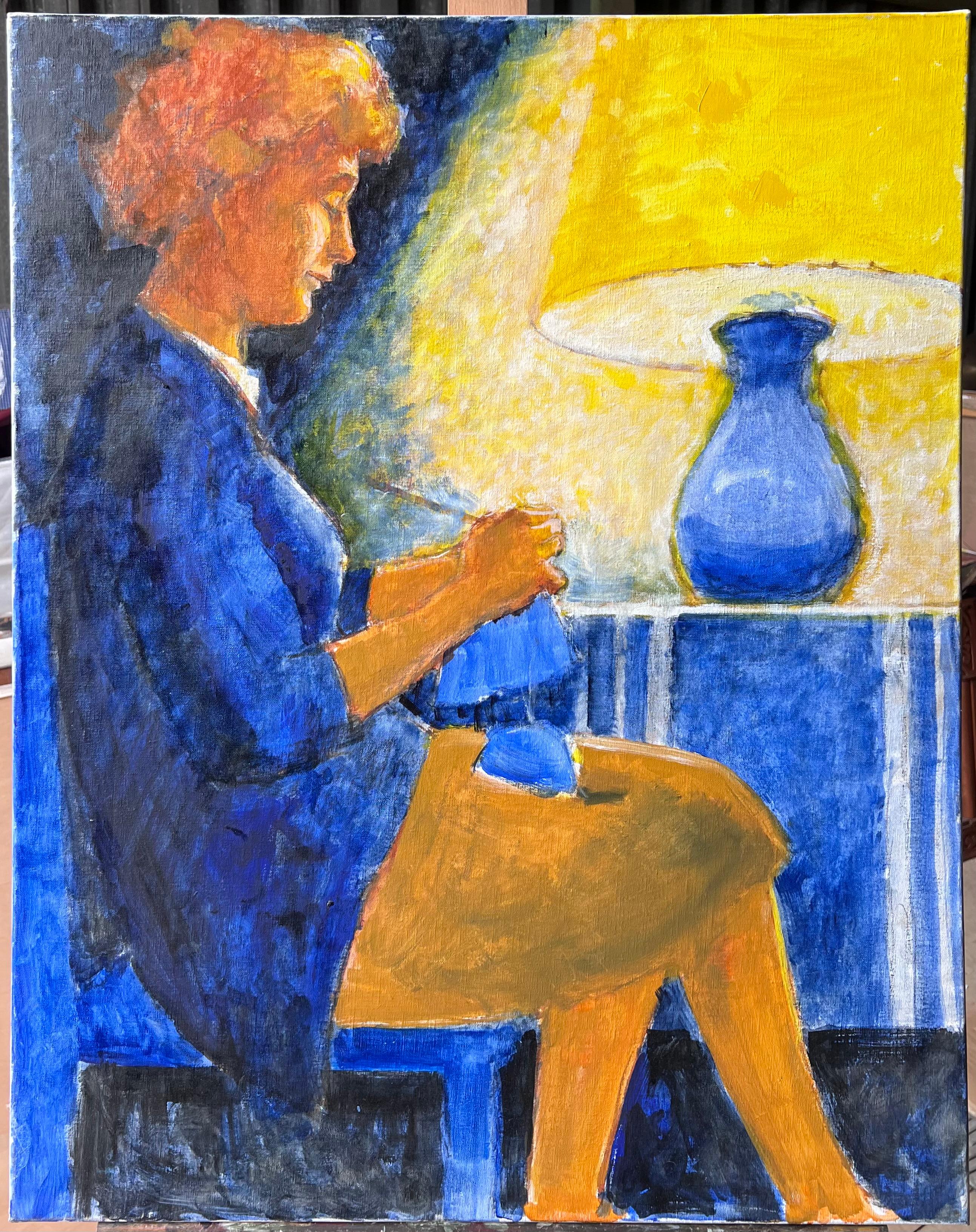 Frau Nähen neben warmen Lampe in Softlit ruhigen Innenraum Szene Französisch Ölgemälde – Painting von Pierre Neveu