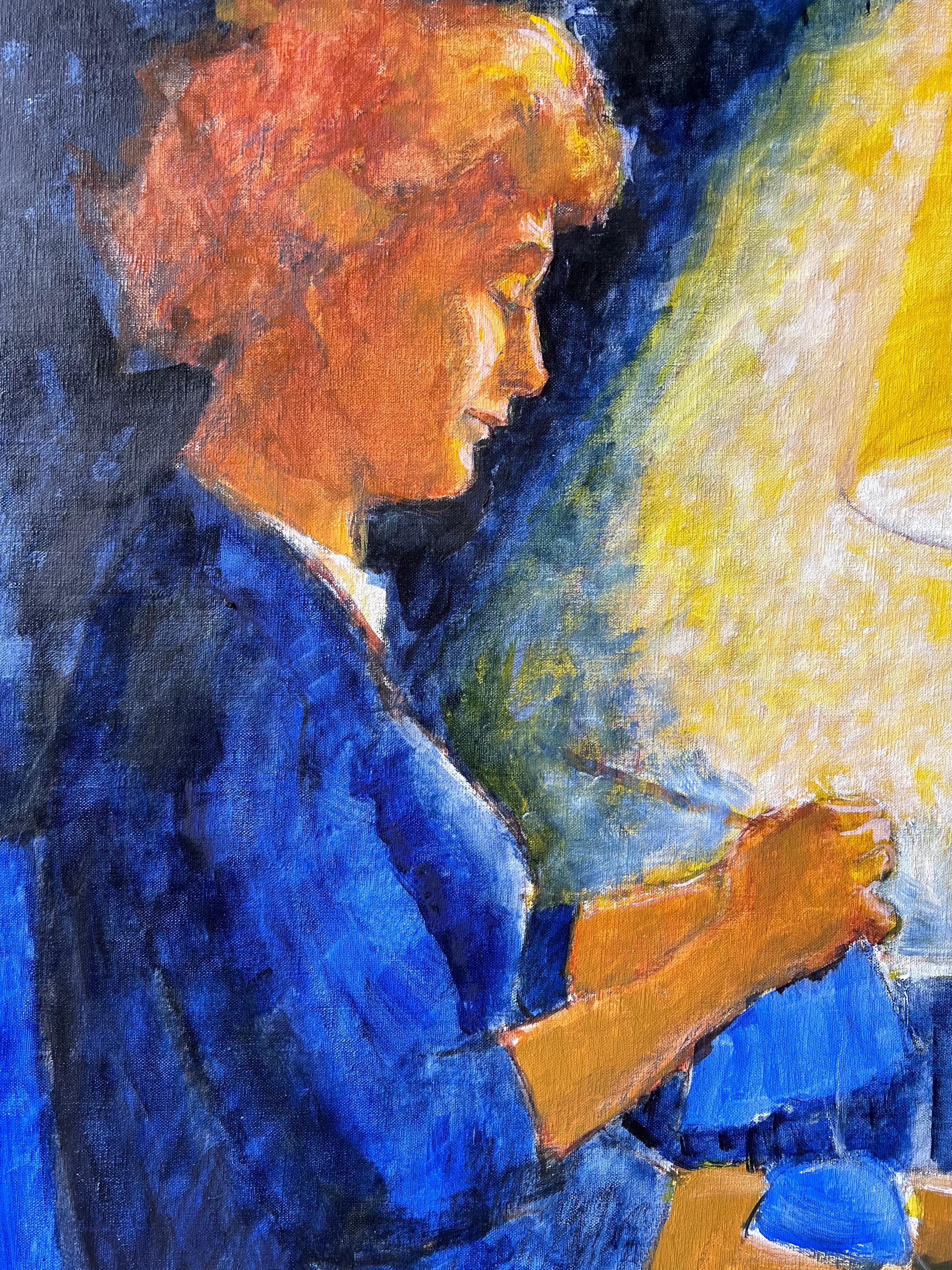 Frau Nähen neben warmen Lampe in Softlit ruhigen Innenraum Szene Französisch Ölgemälde (Post-Impressionismus), Painting, von Pierre Neveu