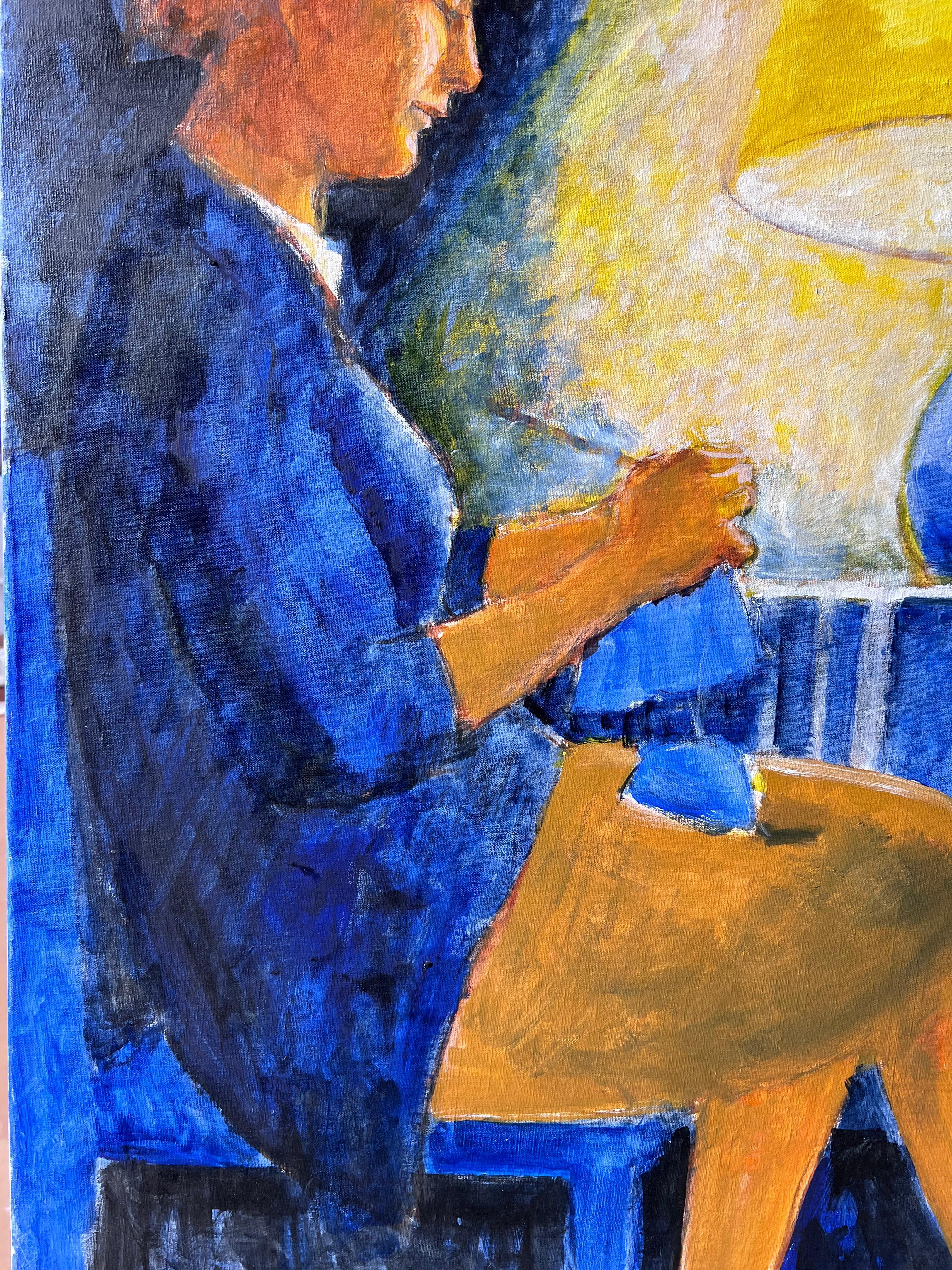 Frau Nähen neben warmen Lampe in Softlit ruhigen Innenraum Szene Französisch Ölgemälde im Angebot 1