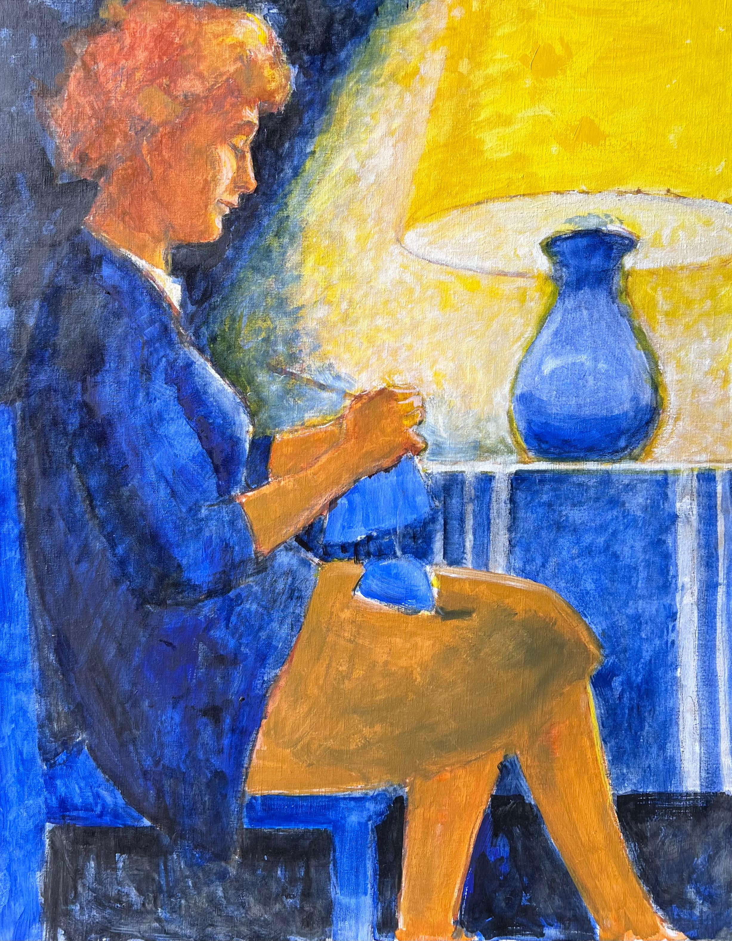 Frau Nähen neben warmen Lampe in Softlit ruhigen Innenraum Szene Französisch Ölgemälde